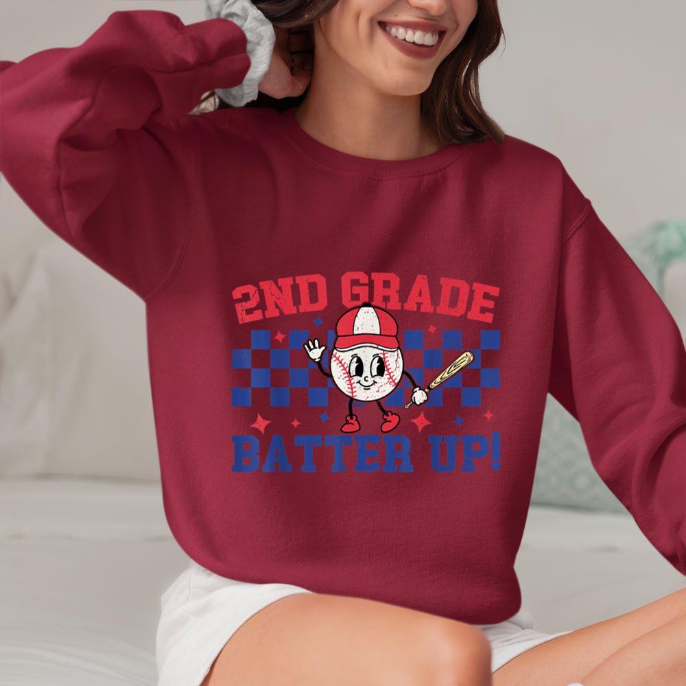 Mckenzieshoponline - 2nd Grade Batter Up Back To School Baseball Teacher Kids Sweatshirt - Image 5