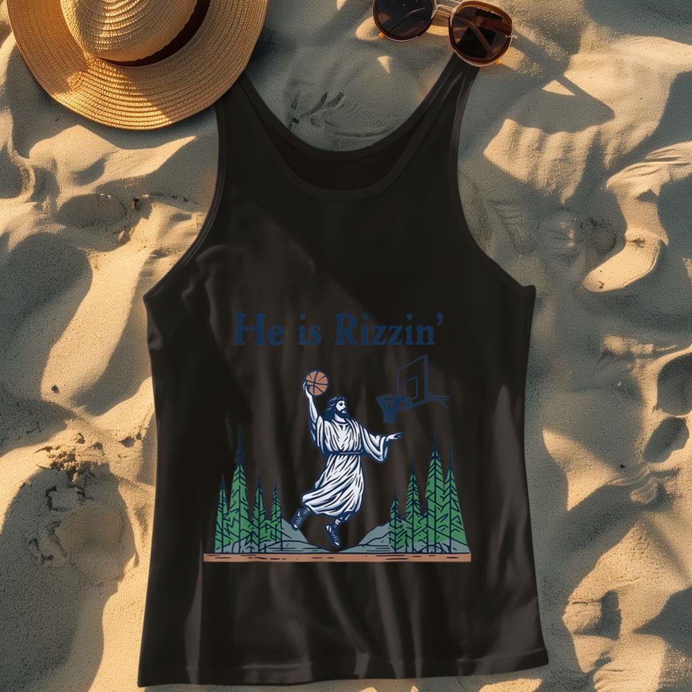 Mckenzieshoponline He Is Rizzin Funny Basketball Retro Christian Religious Tank Top