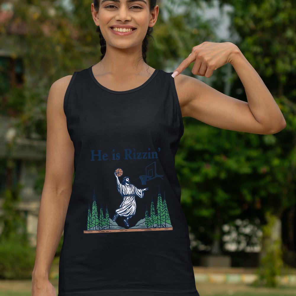 Mckenzieshoponline He Is Rizzin Funny Basketball Retro Christian Religious Tank Top - Image 4
