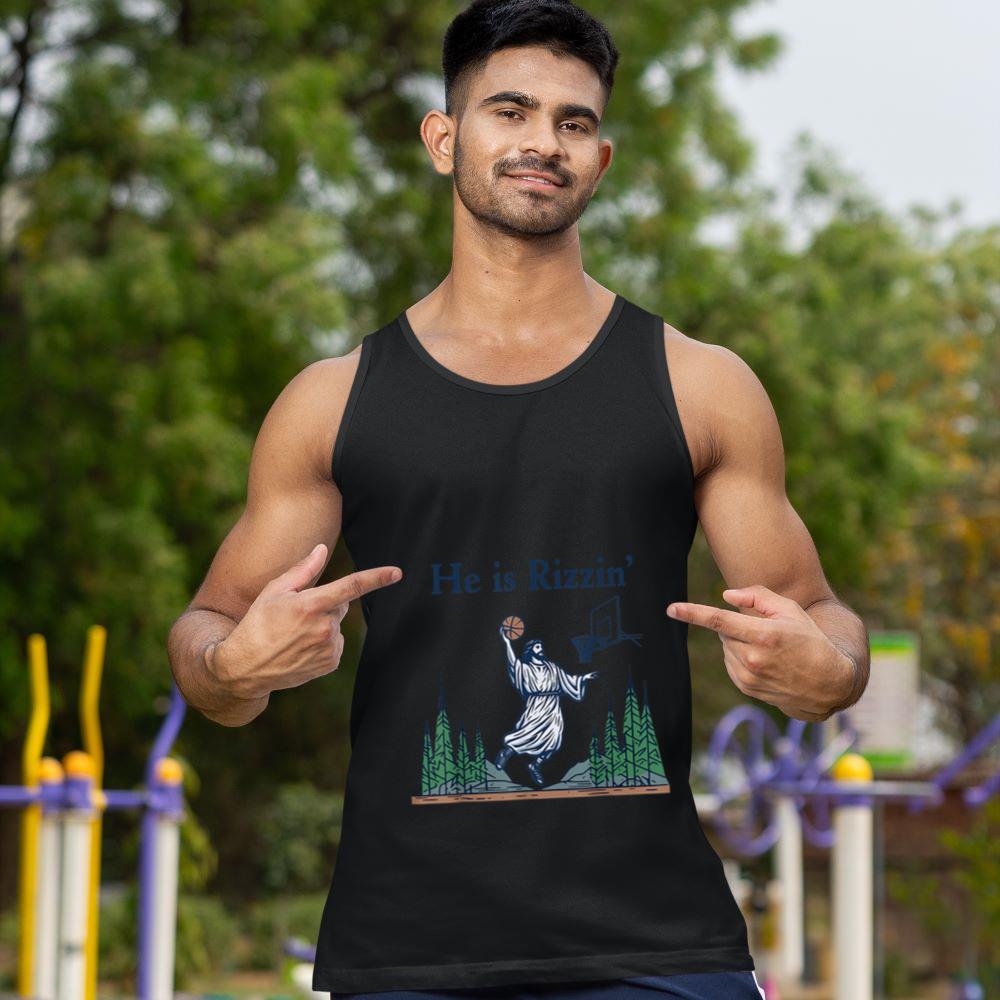 Mckenzieshoponline He Is Rizzin Funny Basketball Retro Christian Religious Tank Top - Image 2
