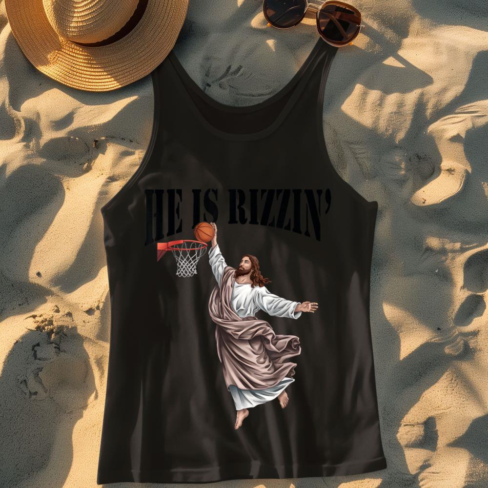 Mckenzieshoponline He Is Rizzin Jesus Basketball Christian Easter Jesus Funny Tank Top