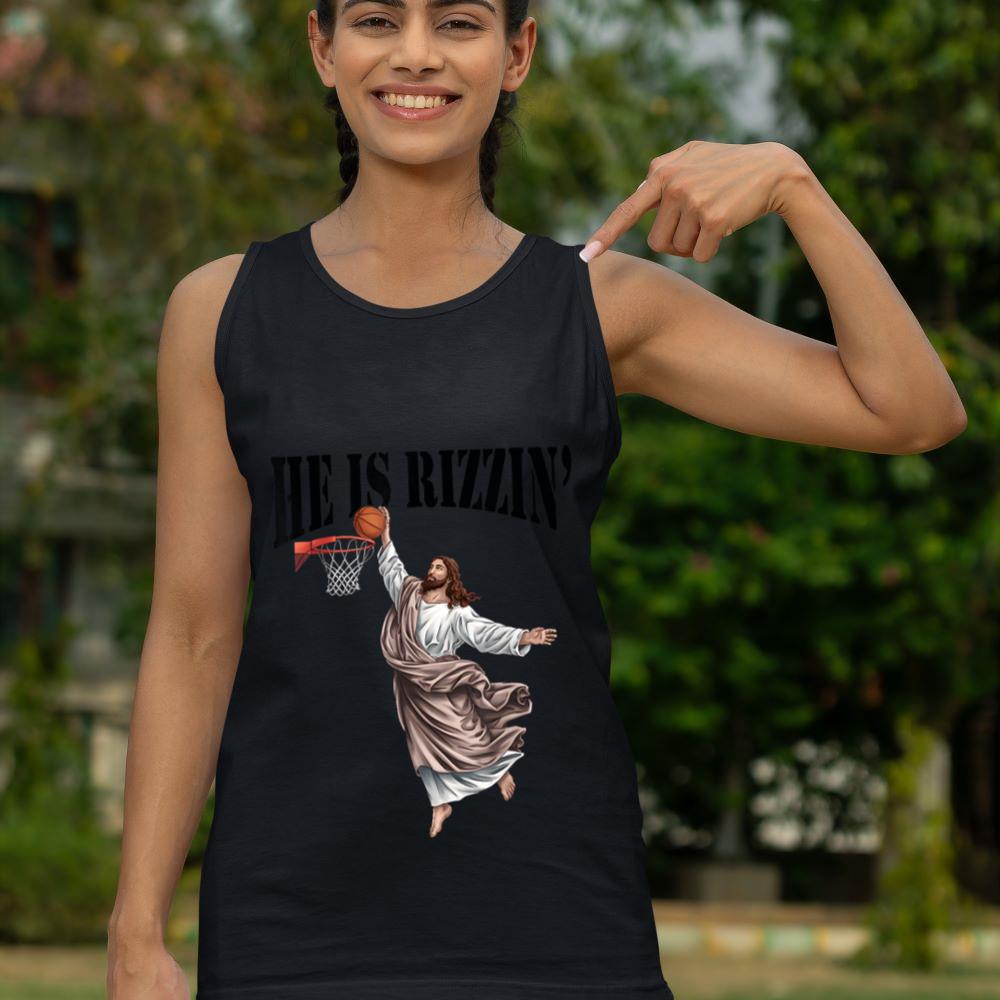 Mckenzieshoponline He Is Rizzin Jesus Basketball Christian Easter Jesus Funny Tank Top - Image 4