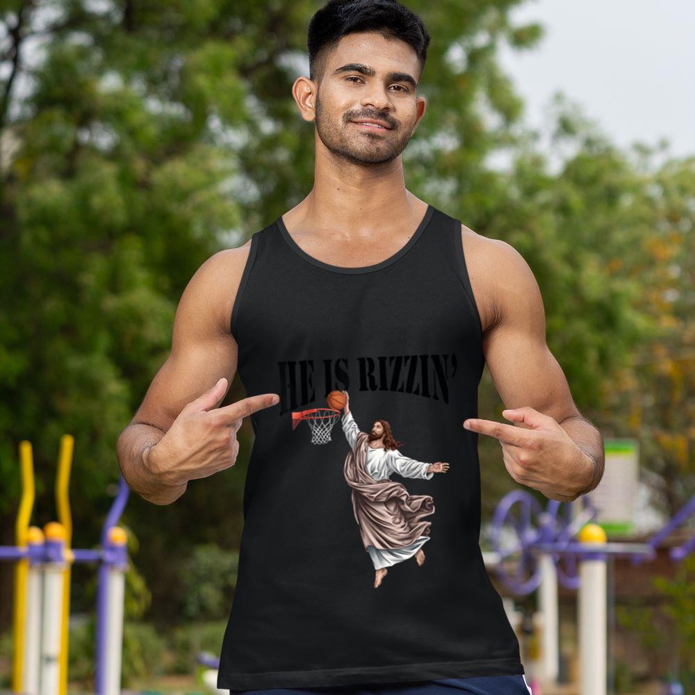 Mckenzieshoponline He Is Rizzin Jesus Basketball Christian Easter Jesus Funny Tank Top - Image 2