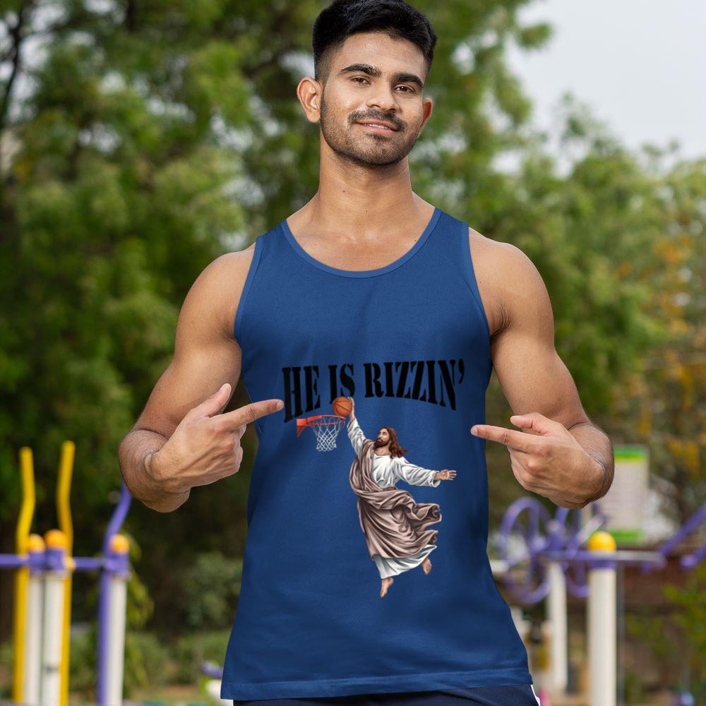 Mckenzieshoponline He Is Rizzin Jesus Basketball Christian Easter Jesus Funny Tank Top - Image 3