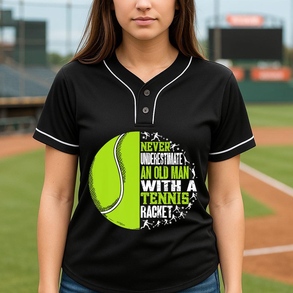 Mckenzieshoponline Mens Funny Old Man With A Tennis Racket Sport Premium Baseball Jersey - Image 4