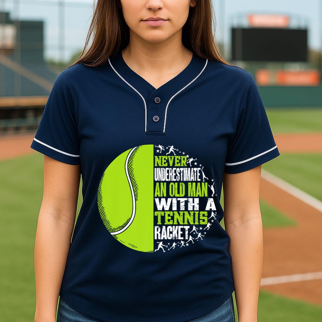 Mckenzieshoponline Mens Funny Old Man With A Tennis Racket Sport Premium Baseball Jersey - Image 5