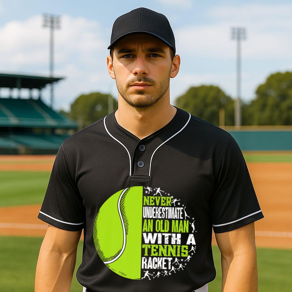 Mckenzieshoponline Mens Funny Old Man With A Tennis Racket Sport Premium Baseball Jersey - Image 2