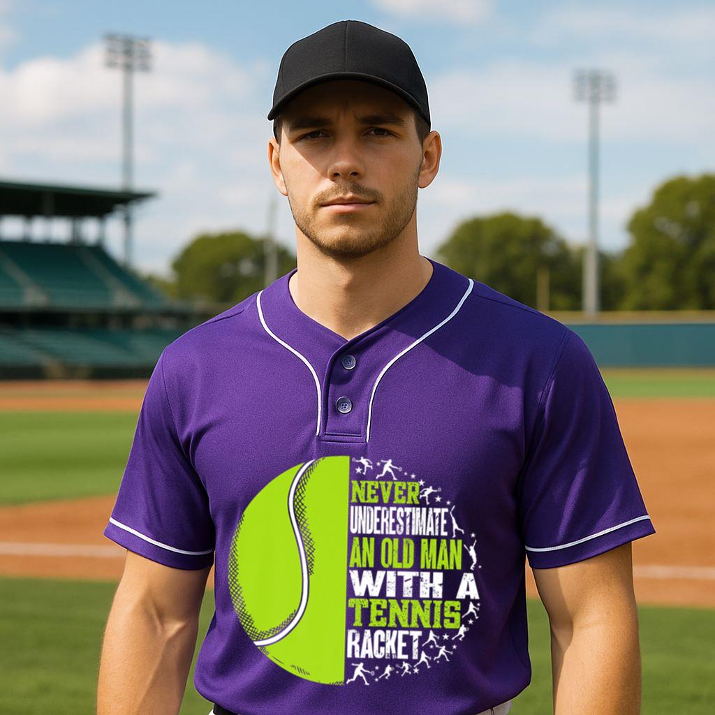 Mckenzieshoponline Mens Funny Old Man With A Tennis Racket Sport Premium Baseball Jersey - Image 3