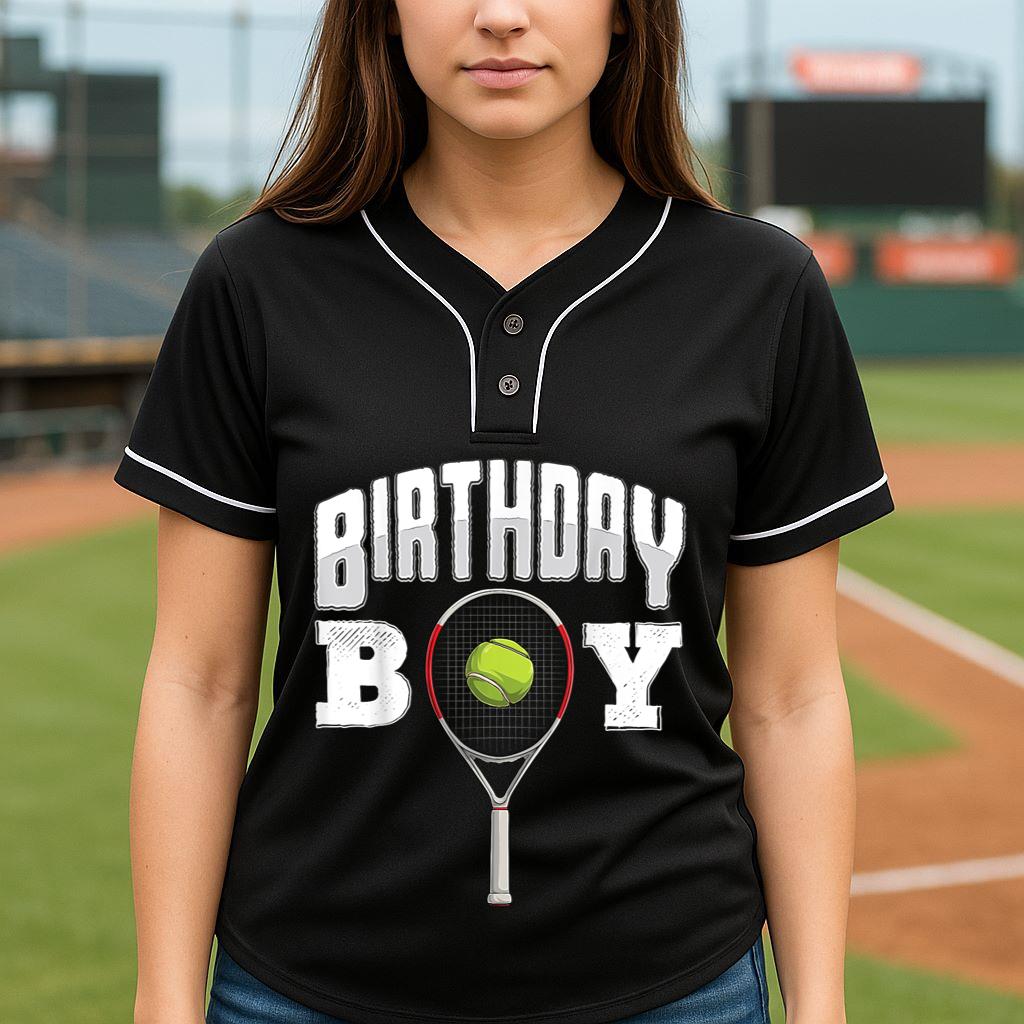 Mckenzieshoponline Tennis Birthday Boy Kids Men Tennis player birthday Baseball Jersey - Image 4