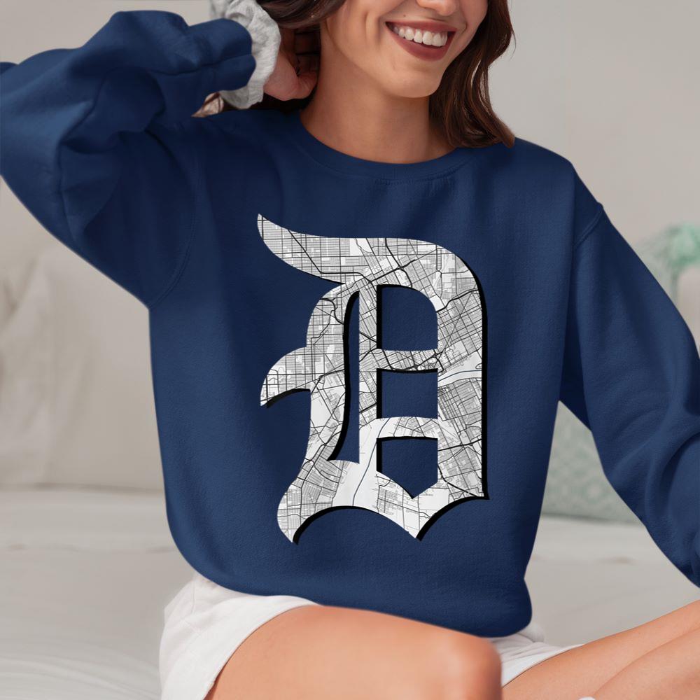 Mckenzieshoponline - Womens Distressed Detroit D Lettering Design Road Map Of Detroit V-Neck Sweatshirt - Image 4
