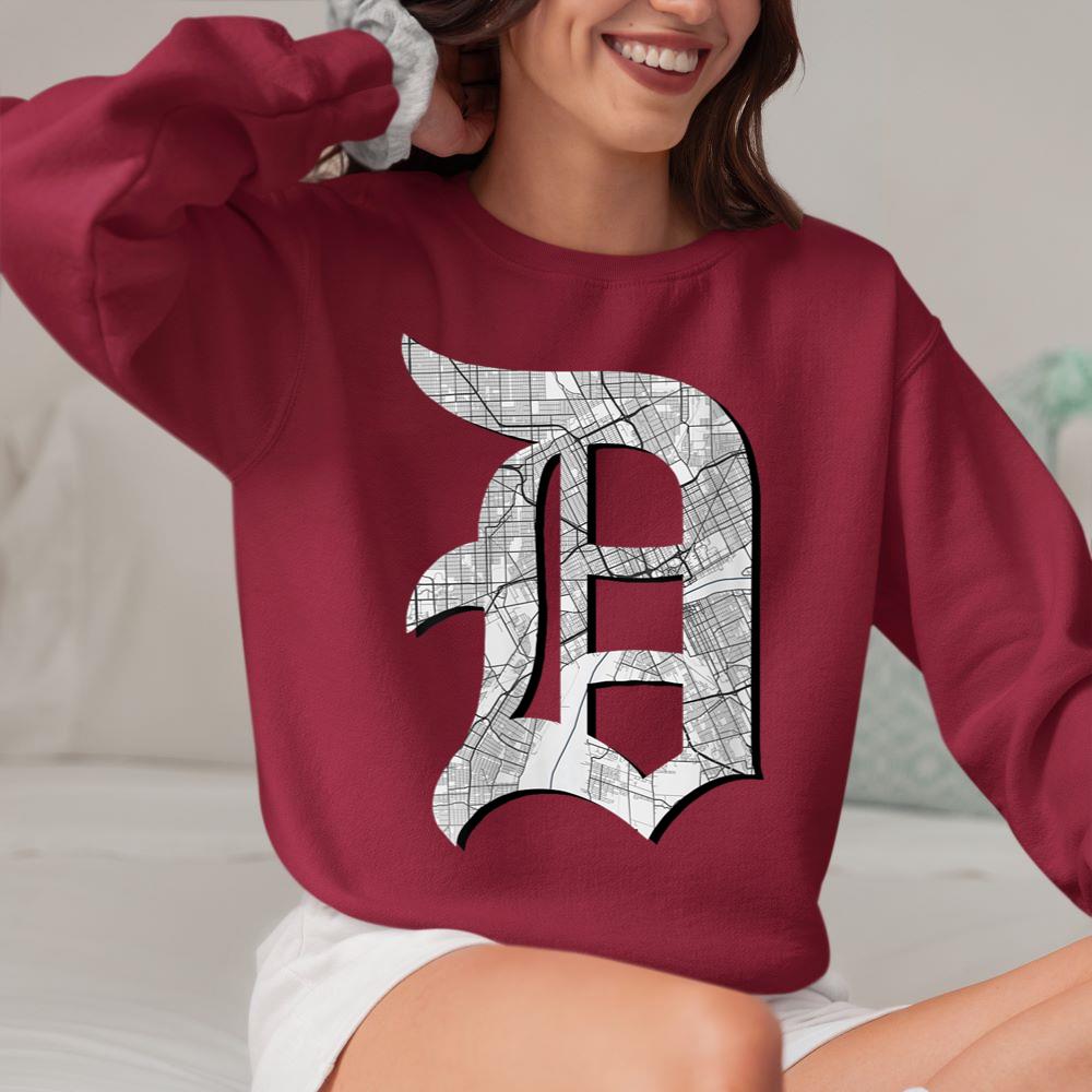 Mckenzieshoponline - Womens Distressed Detroit D Lettering Design Road Map Of Detroit V-Neck Sweatshirt - Image 5