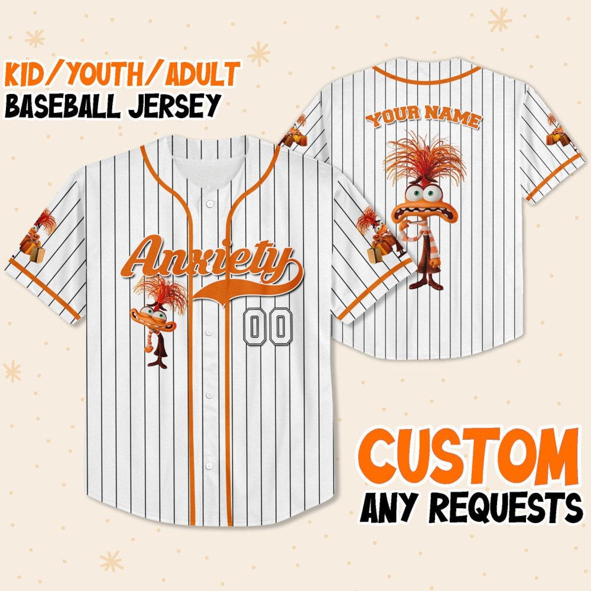 Mckenzieshoponline Anxiety Orange White Inside Out 2 Disney Personalized Baseball Jersey For Fans
