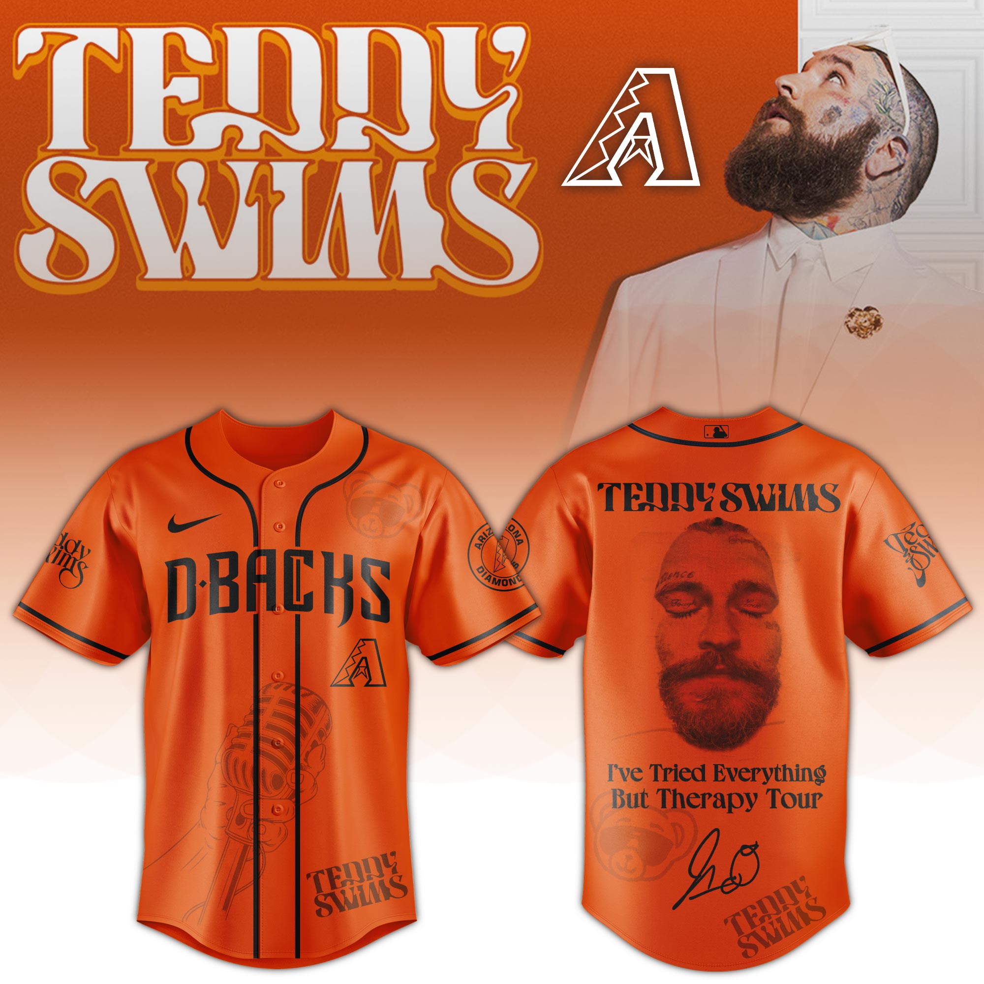 Jerseytrend Arizona Diamondbacks MLB x Teddy Swims Ive Tried Everything But Therapy Tour Personalized Baseball Jersey For Fans