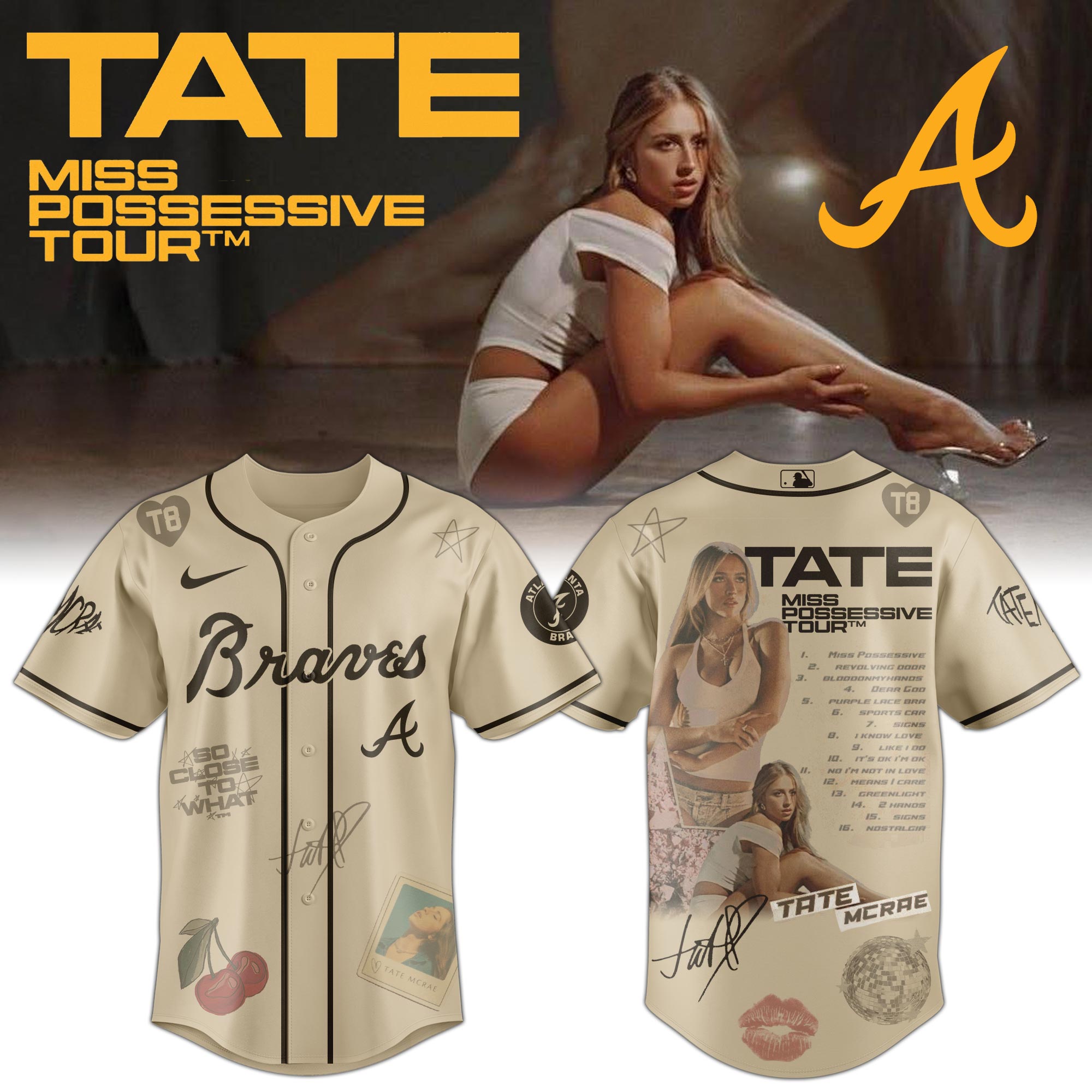 Jerseytrend Atlanta Braves MLB x Tate McRae Miss Possessive Tour Personalized Baseball Jersey For Fans