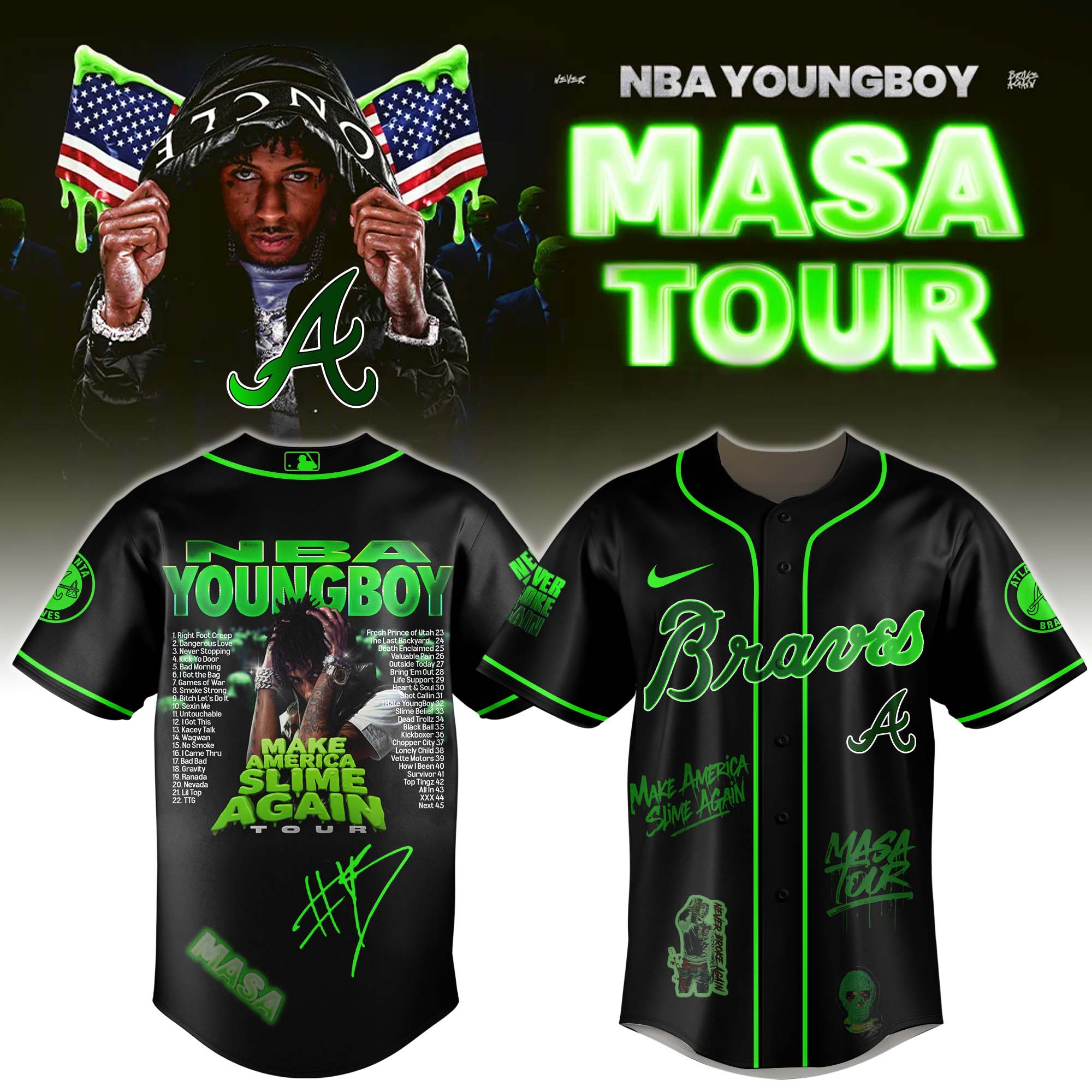 Jerseytrend Atlanta Braves MLB x YoungBoy Never Broke Again Make America Slime Again Tour Personalized Baseball Jersey For Fans