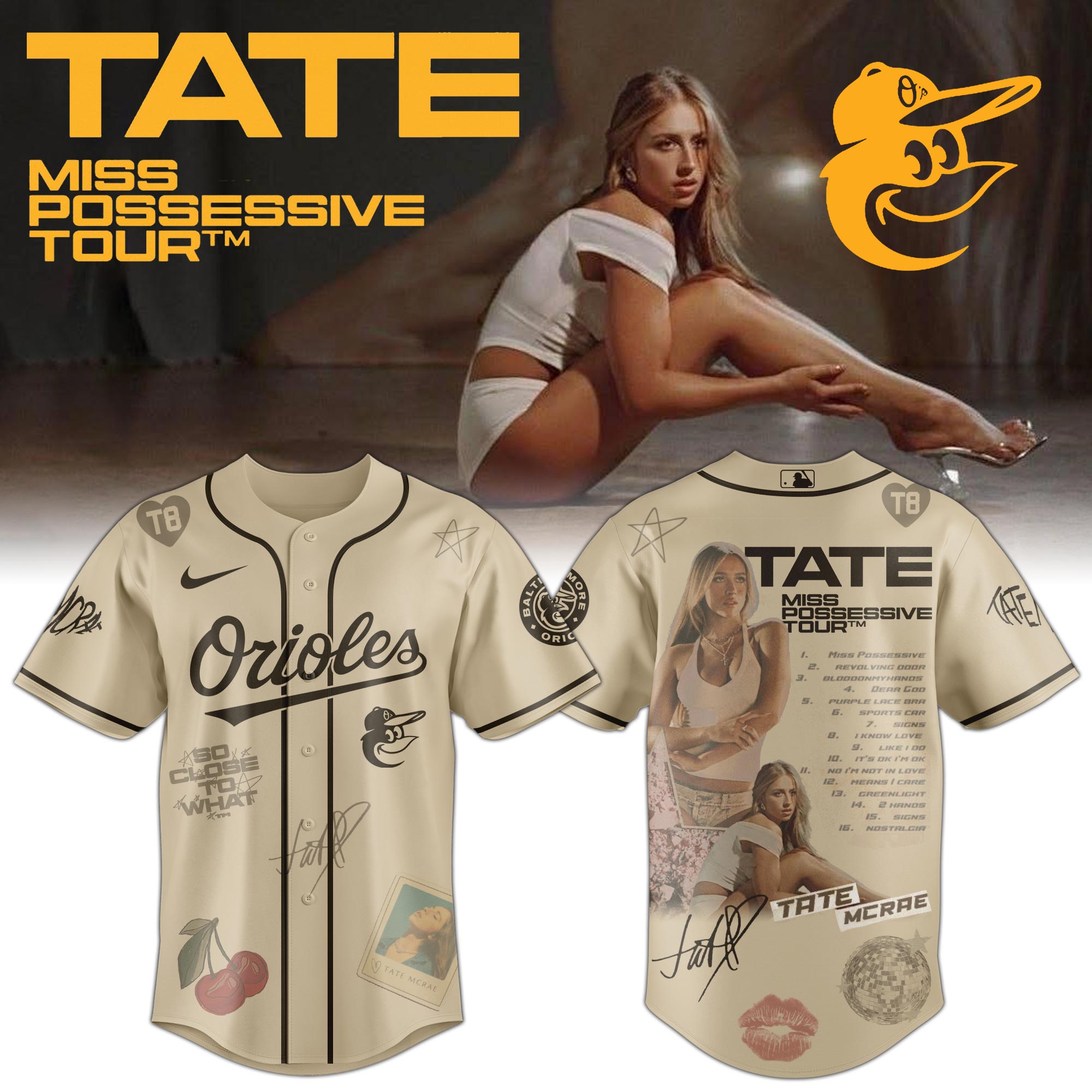 Jerseytrend Baltimore Orioles MLB x Tate McRae Miss Possessive Tour Personalized Baseball Jersey For Fans