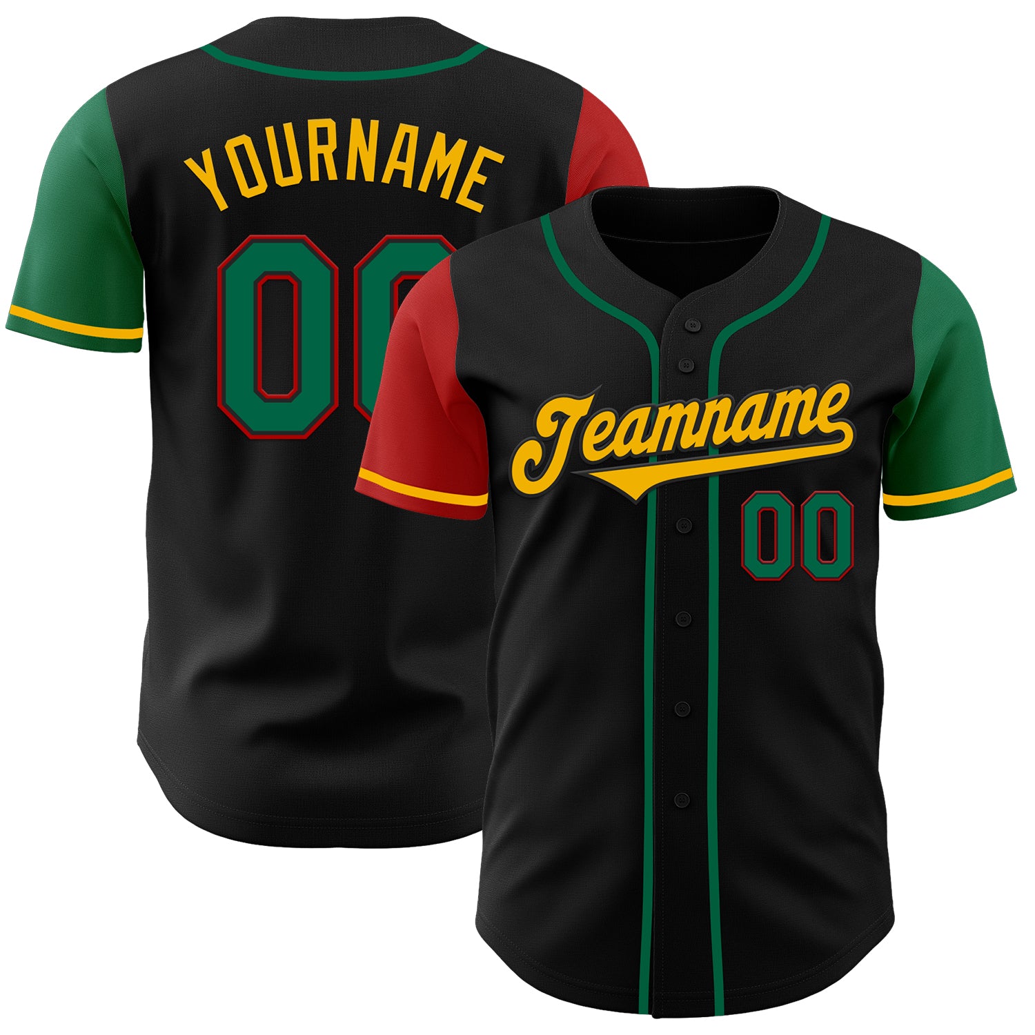 Jerseytrend Black Kelly Green Red Gold Two Tone Personalized Baseball Jersey For Fans