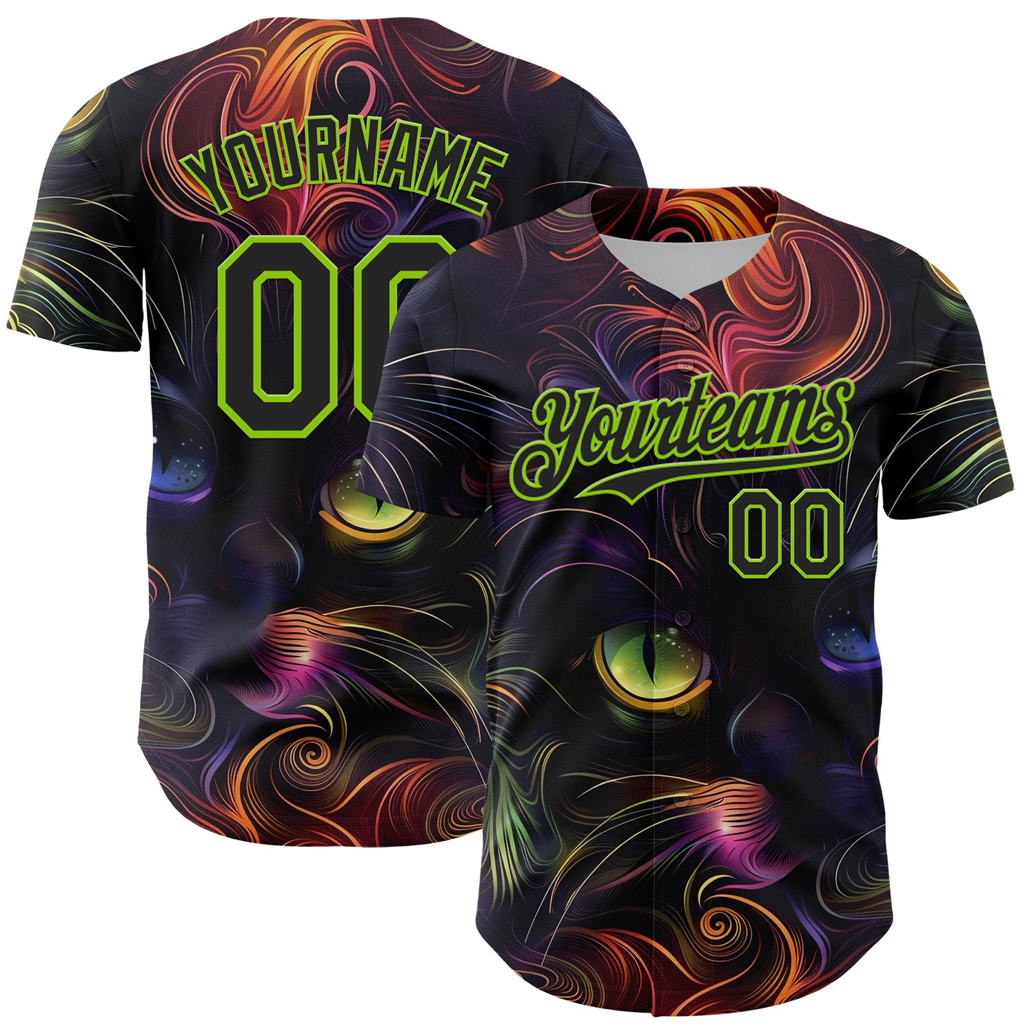 Mckenzieshoponline Black Neon Green 3D Pattern Design Rave Animal Cat Personalized Baseball Jersey For Fans