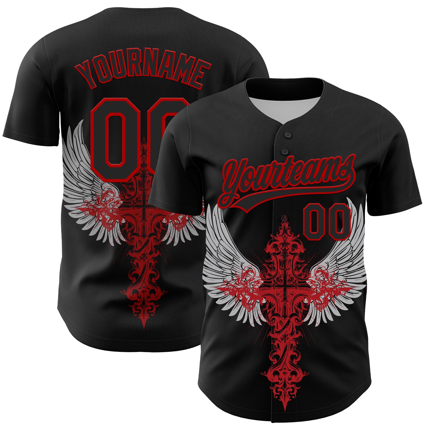 Mckenzieshoponline Black Red 3D Pattern Design Gothic Style Cross With Wings Personalized Baseball Jersey For Fans