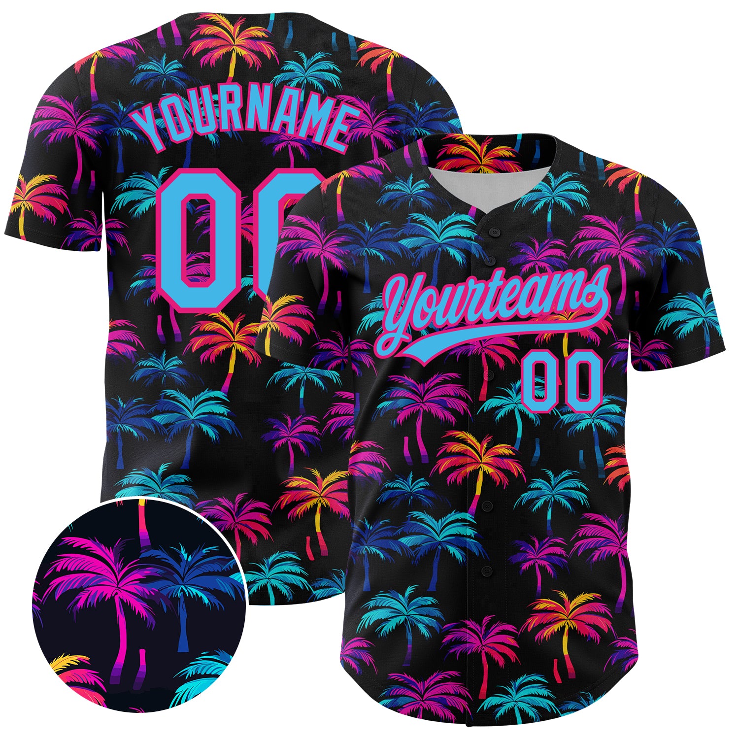 Mckenzieshoponline Black Sky Blue Hot Pink 3D Pattern Design Tropical Hawaii Palm Trees Personalized Baseball Jersey For Fans