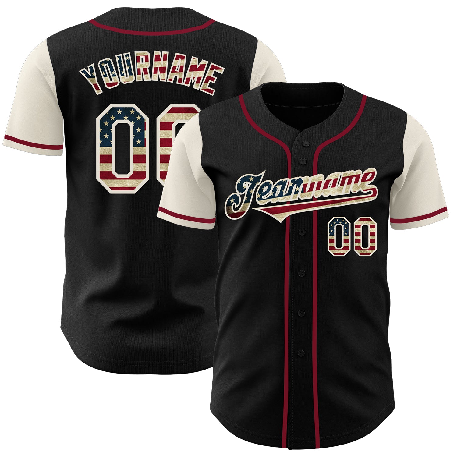 Jerseytrend Black Vintage USA Flag Cream Crimson Two Tone Personalized Baseball Jersey For Fans