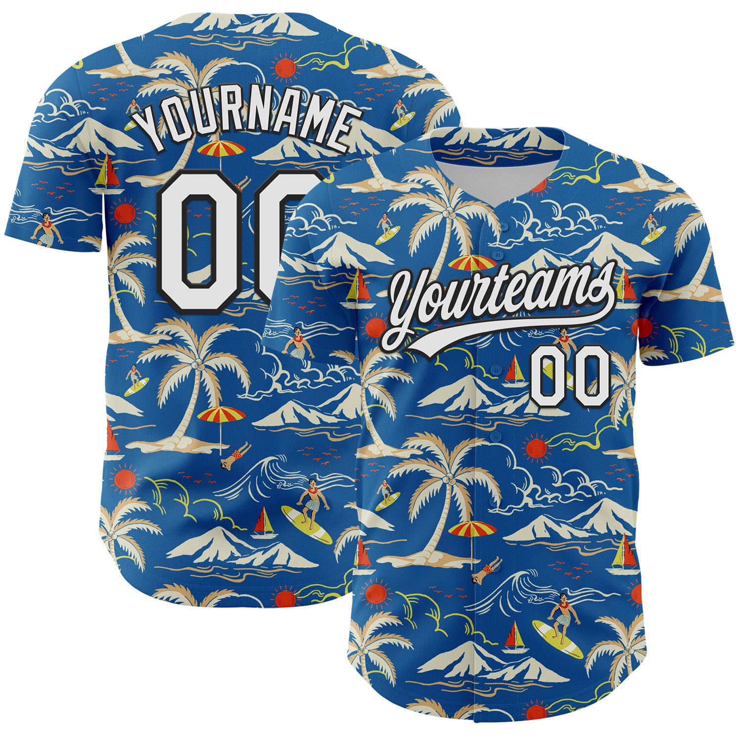 Mckenzieshoponline Blue White Black 3D Tropical Beach Island Hawaii Palm Tree Personalized Baseball Jersey For Fans