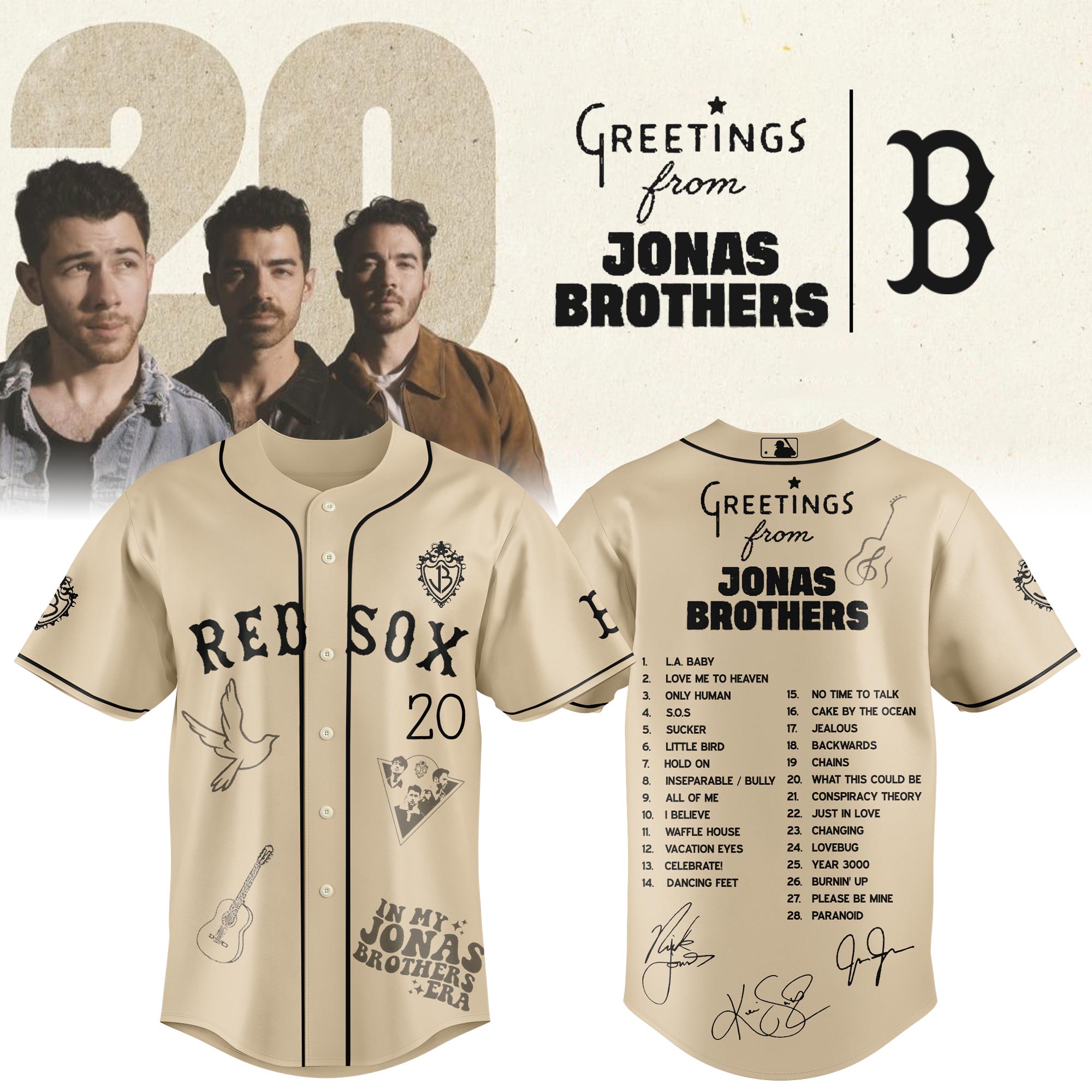 Jerseytrend Boston Red Sox MLB x Greetings From Jonas Brothers Personalized Baseball Jersey For Fans