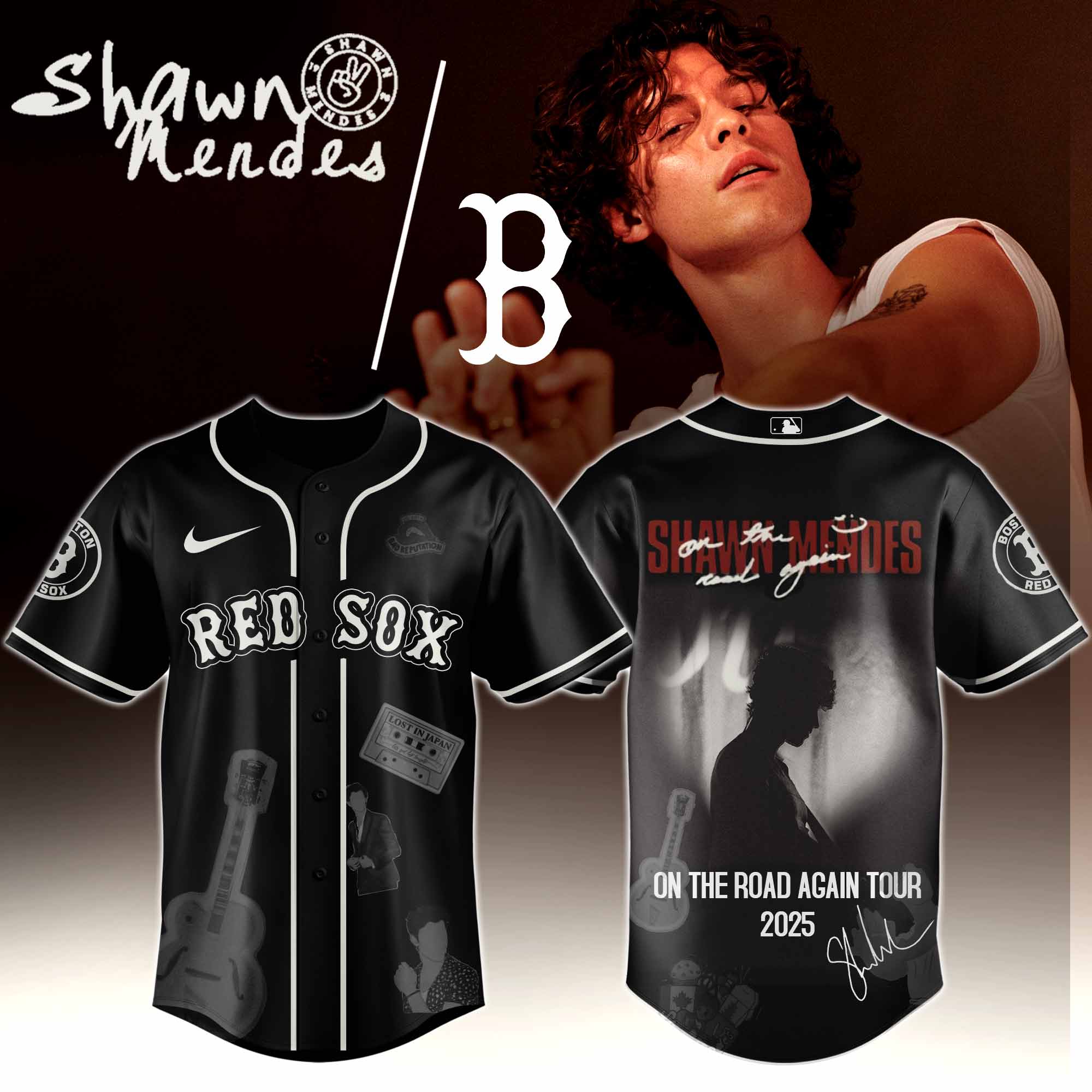 Jerseytrend Boston Red Sox MLB x Shawn Mendes On The Road Again Tour Personalized Baseball Jersey For Fans