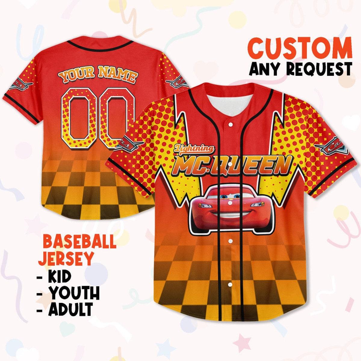 Mckenzieshoponline Cars Lightning Mcqueen Red Double Bolt Binding Personalized Baseball Jersey For Fans
