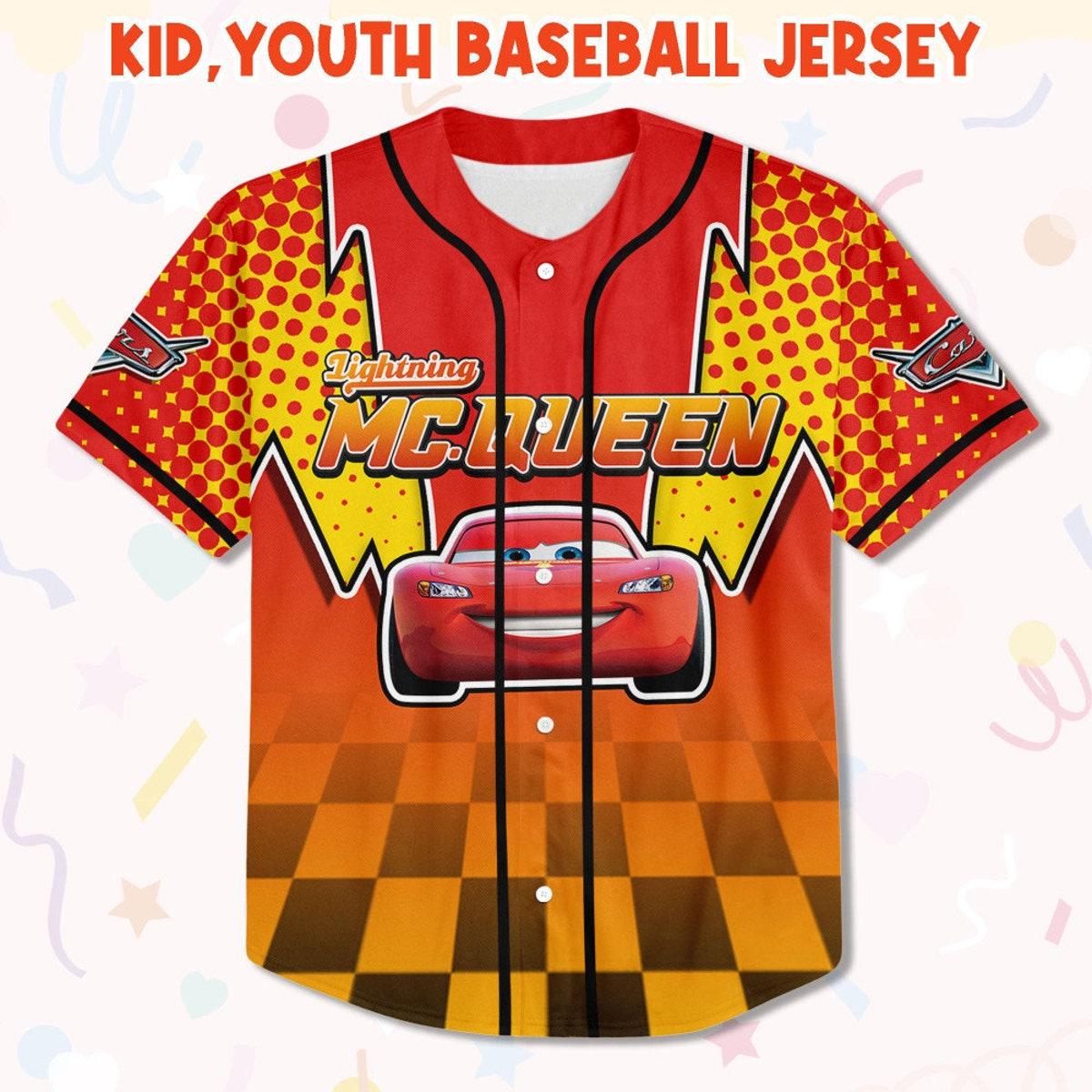 Mckenzieshoponline Cars Lightning Mcqueen Red Double Bolt Binding Personalized Baseball Jersey For Fans - Image 3