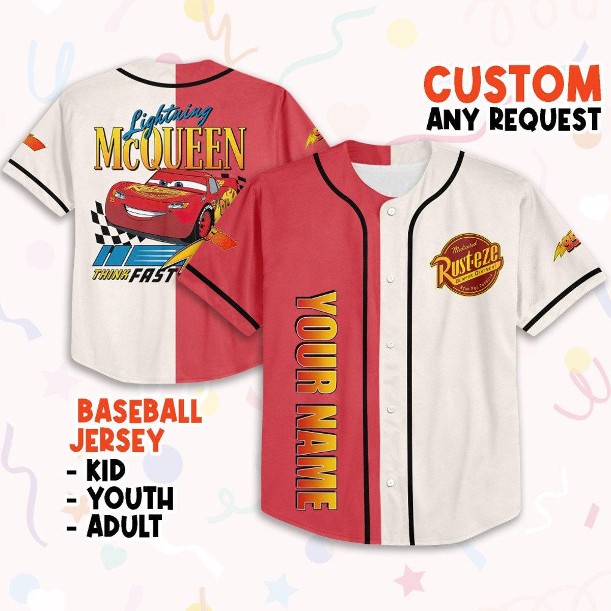 Mckenzieshoponline Cars Lightning Mcqueen Think Fast 95 Personalized Baseball Jersey For Fans - Image 2