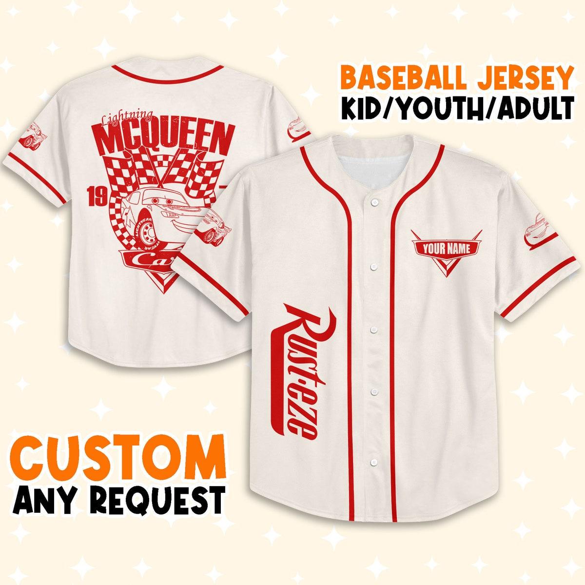 Mckenzieshoponline Cars Retro Lightning Mcqueen Car 1977 Red Personalized Baseball Jersey For Fans - Image 2