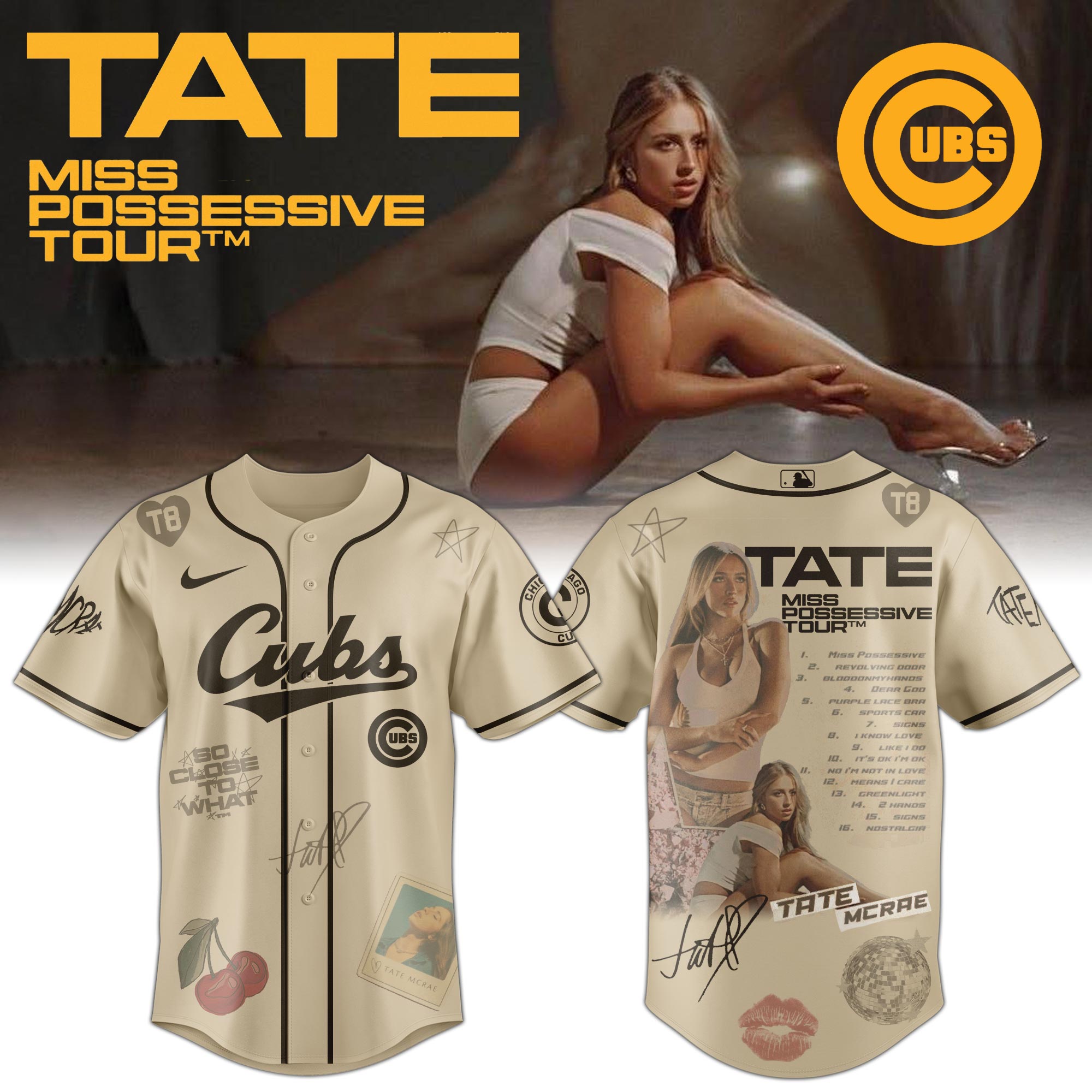 Jerseytrend Chicago Cubs MLB x Tate McRae Miss Possessive Tour Personalized Baseball Jersey For Fans