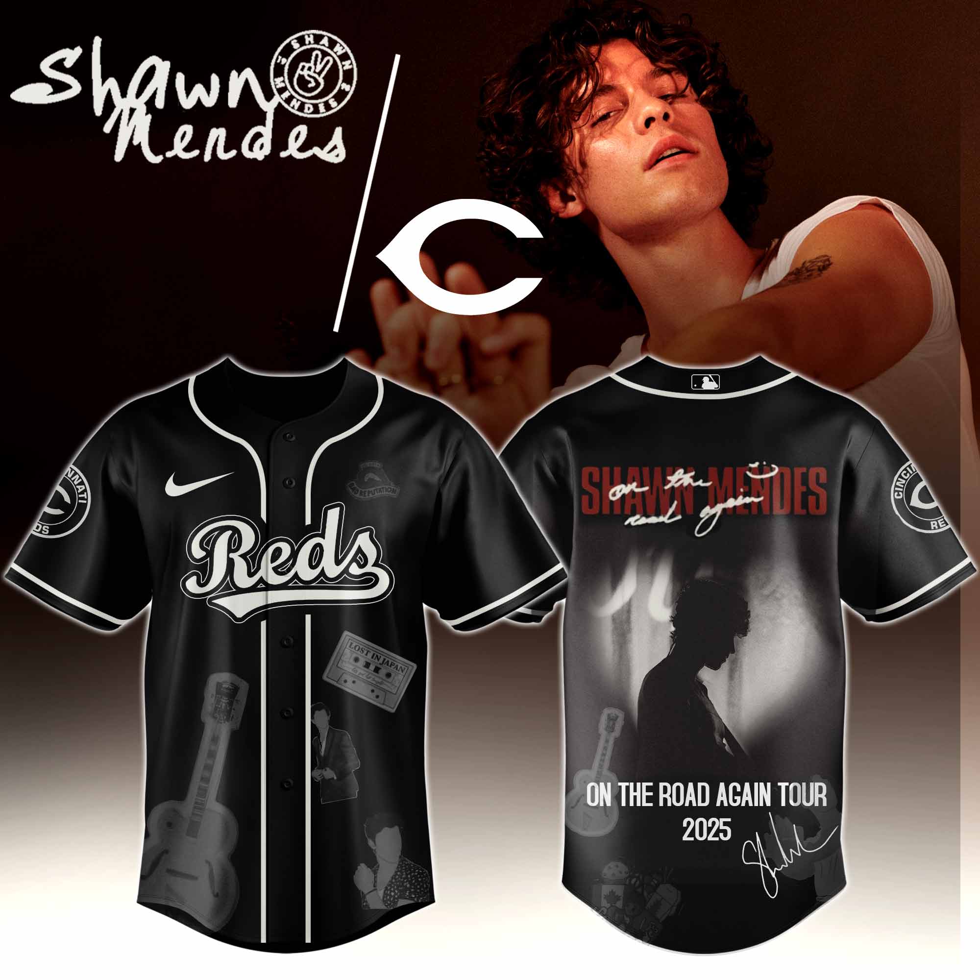 Jerseytrend Cincinnati Reds MLB x Shawn Mendes On The Road Again Tour Personalized Baseball Jersey For Fans