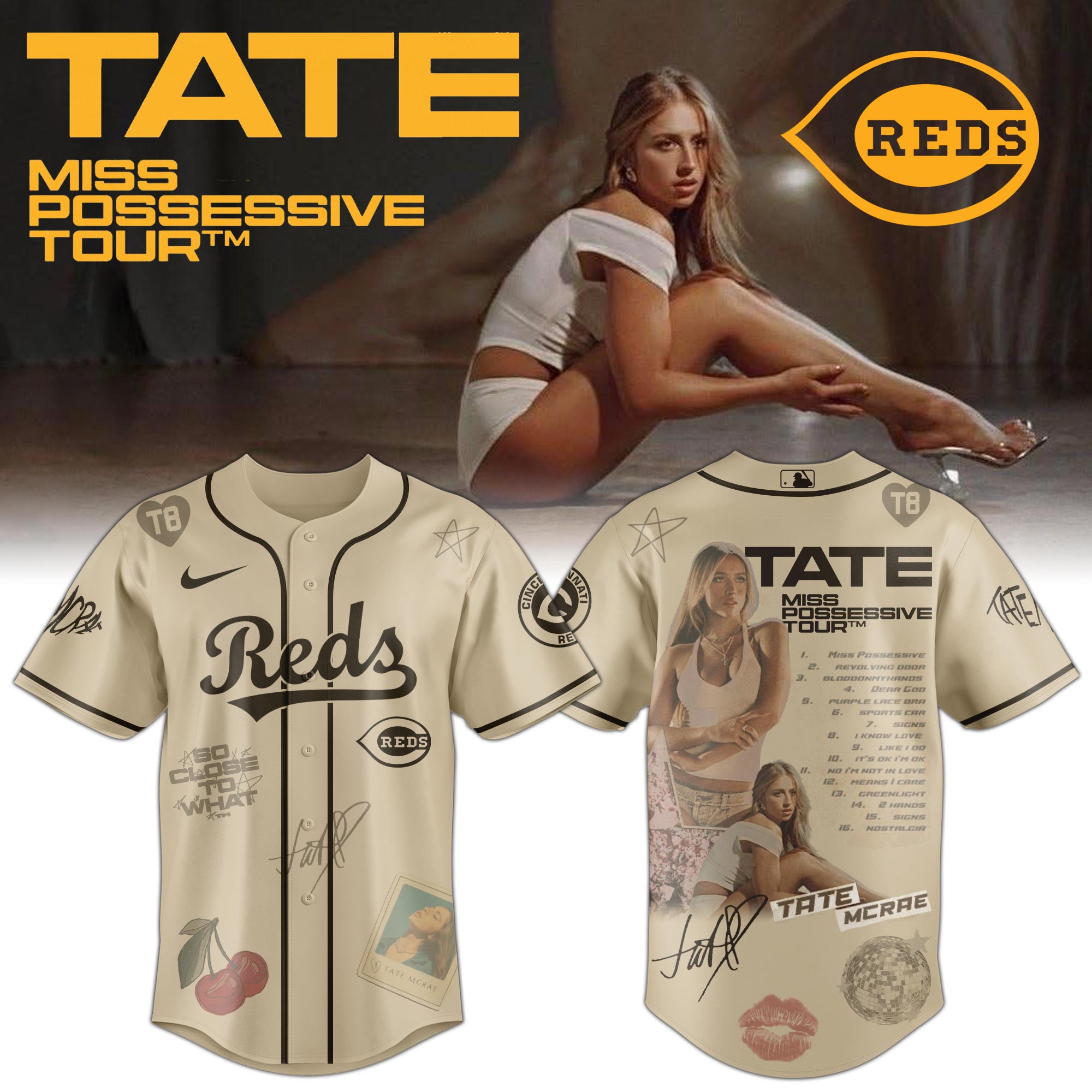 Jerseytrend Cincinnati Reds MLB x Tate McRae Miss Possessive Tour Personalized Baseball Jersey For Fans