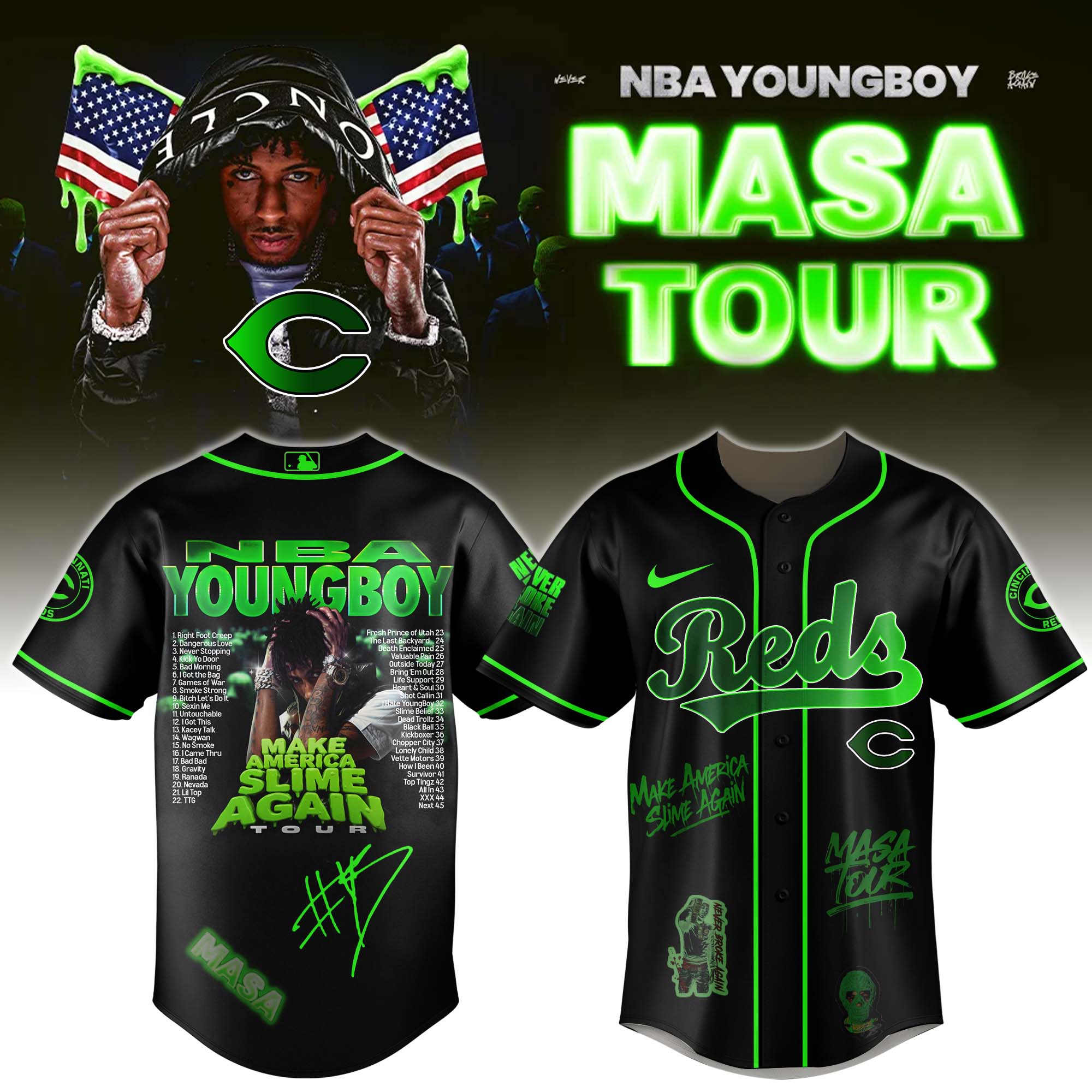Jerseytrend Cincinnati Reds MLB x YoungBoy Never Broke Again Make America Slime Again Tour Personalized Baseball Jersey For Fans