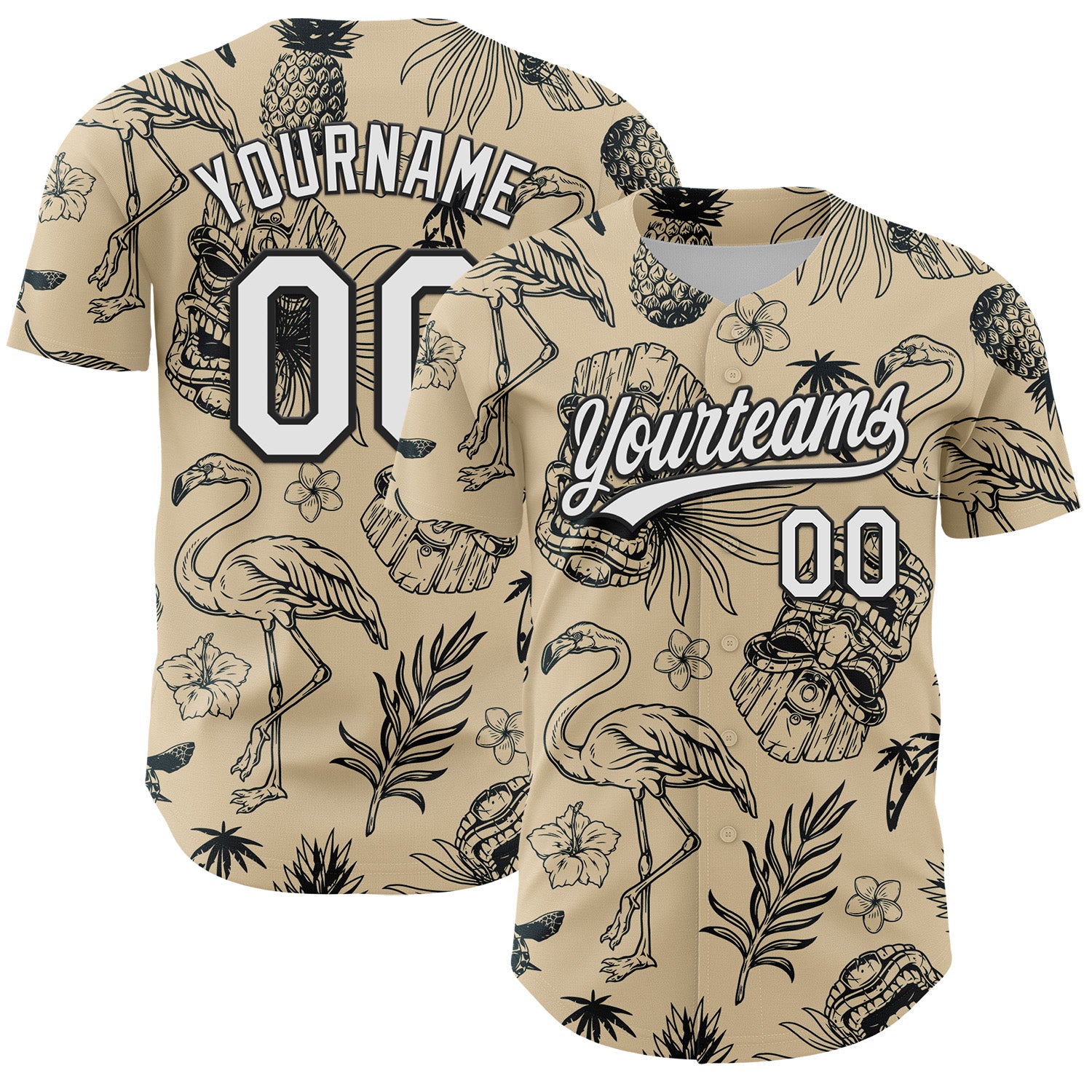 Mckenzieshoponline City Cream White Black 3D Tropical Hawaii Plant And Flamingo Personalized Baseball Jersey For Fans