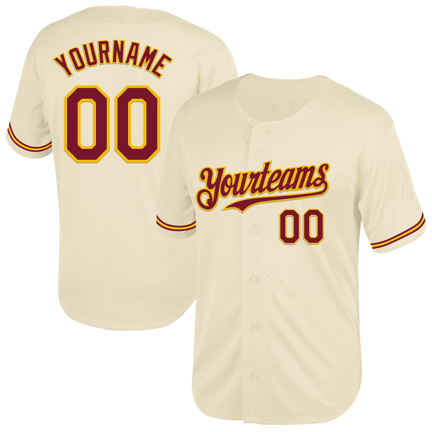 Jerseytrend Cream Crimson Yellow Mesh Throwback Personalized Baseball Jersey For Fans