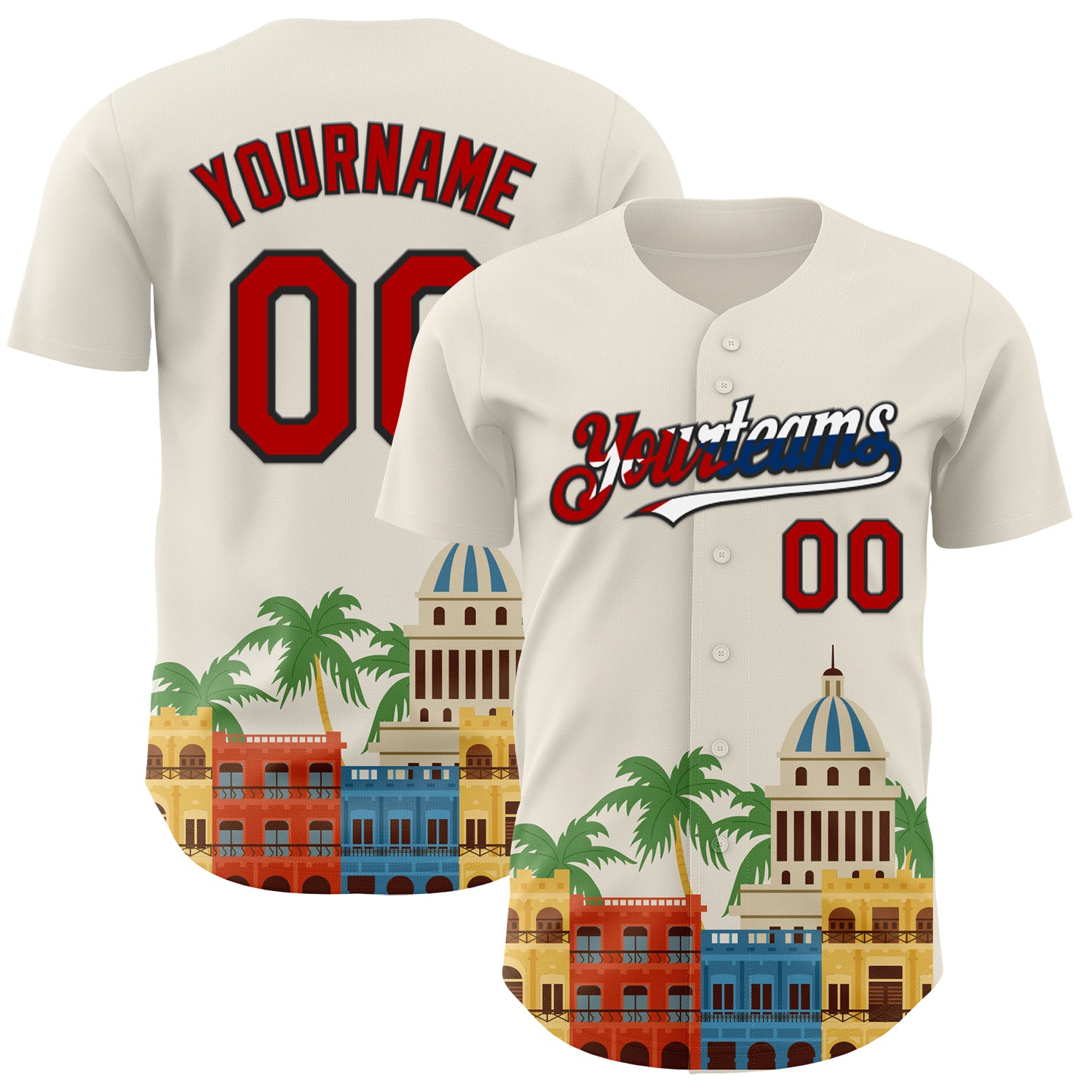 Mckenzieshoponline Cream Red Black Cuban Flag 3D Cuba Havana Personalized Baseball Jersey For Fans