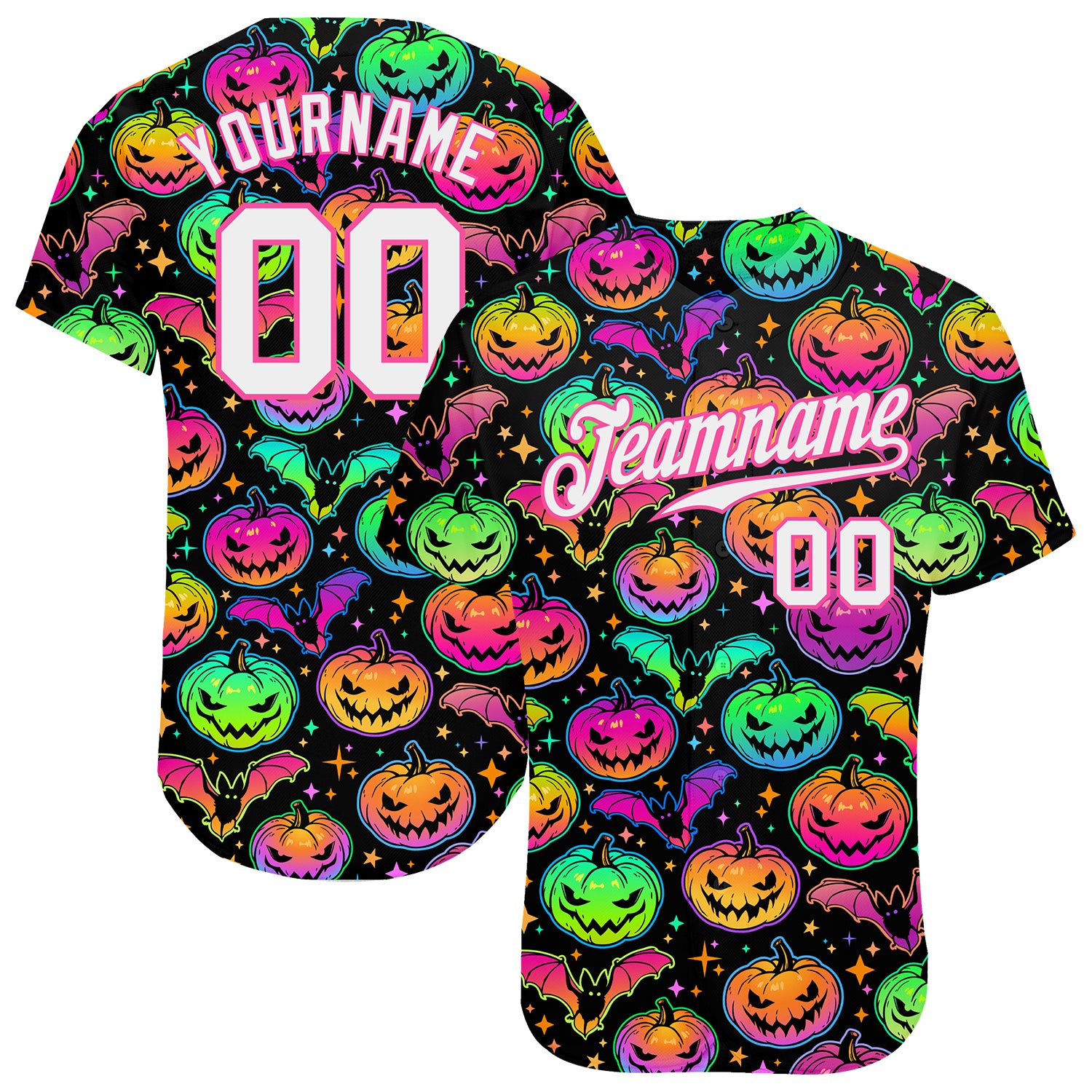 Jerseytrend Custom 3D Pattern Bright Multicolored Halloween Pumpkins And Bats Authentic Baseball Jersey For Fans