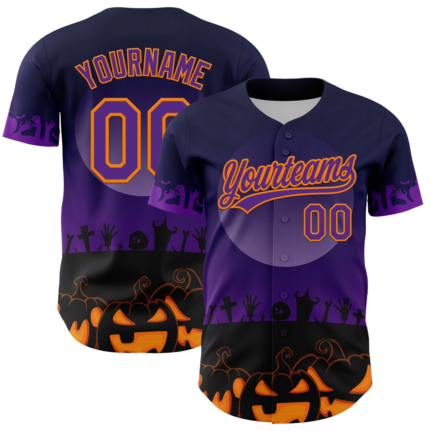 Jerseytrend Custom Black Purple-Bay Orange 3D Pattern Halloween Skull Authentic Baseball Jersey For Fans