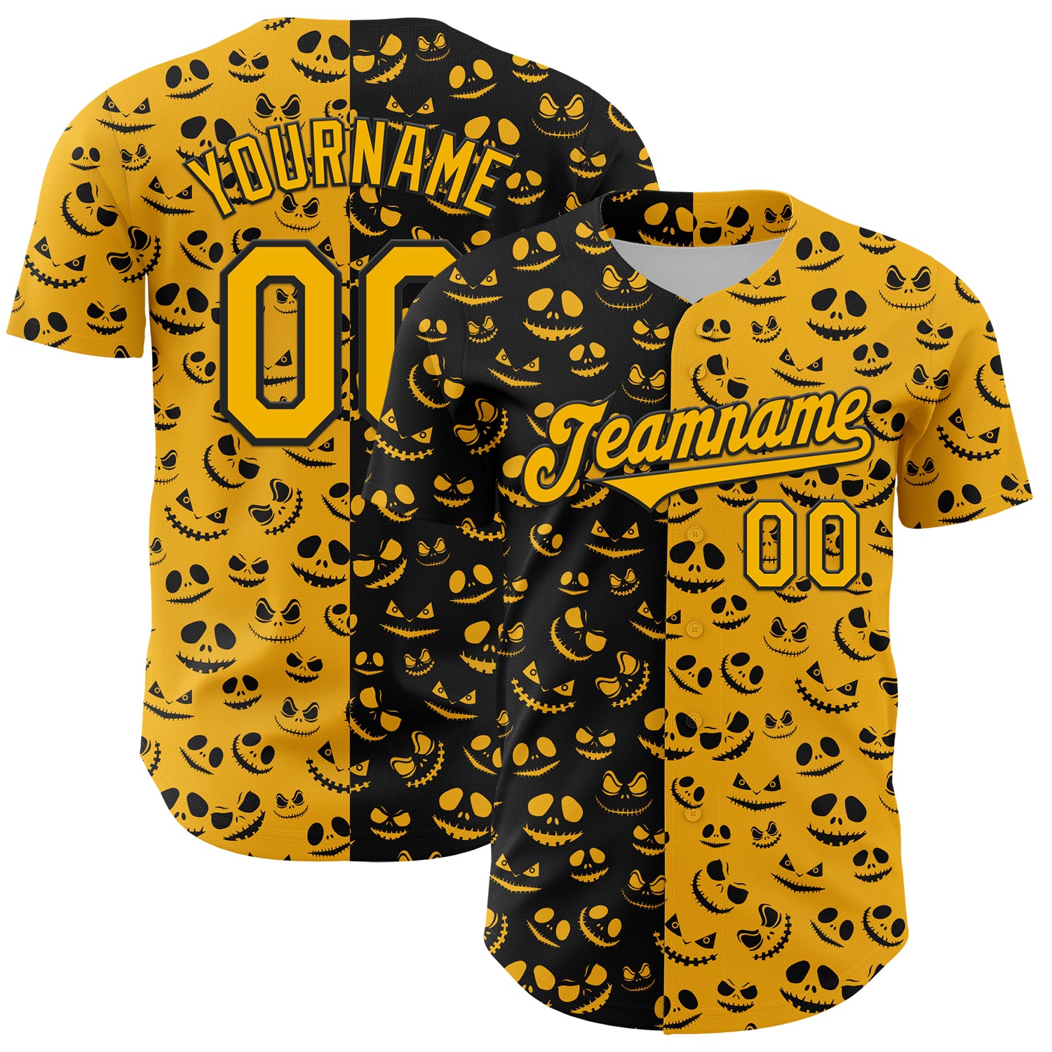 Jerseytrend Custom Gold Black 3D Pattern Design Rave Halloween Pumpkin Authentic Baseball Jersey For Fans