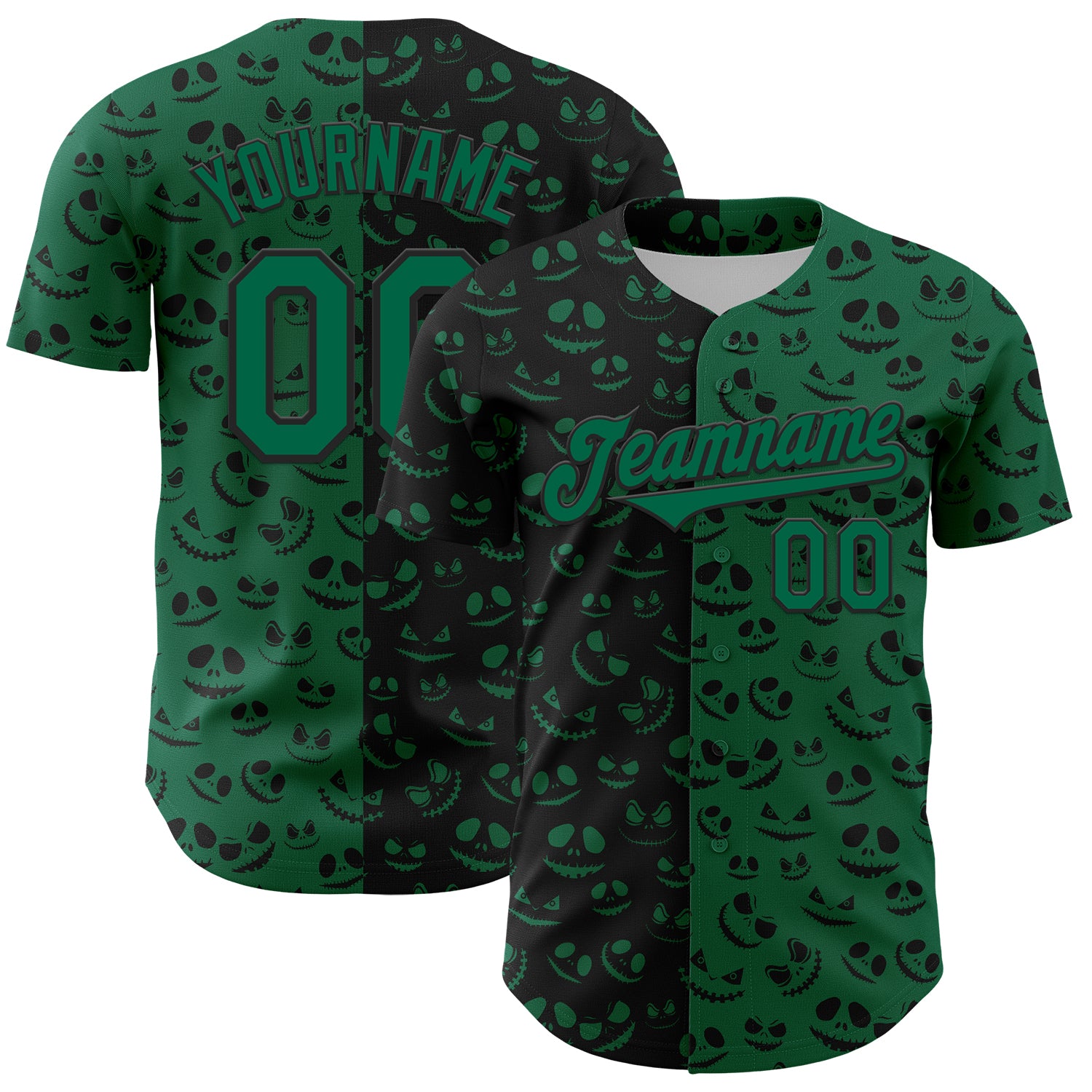 Jerseytrend Custom Kelly Green Black 3D Pattern Design Rave Halloween Pumpkin Authentic Baseball Jersey For Fans