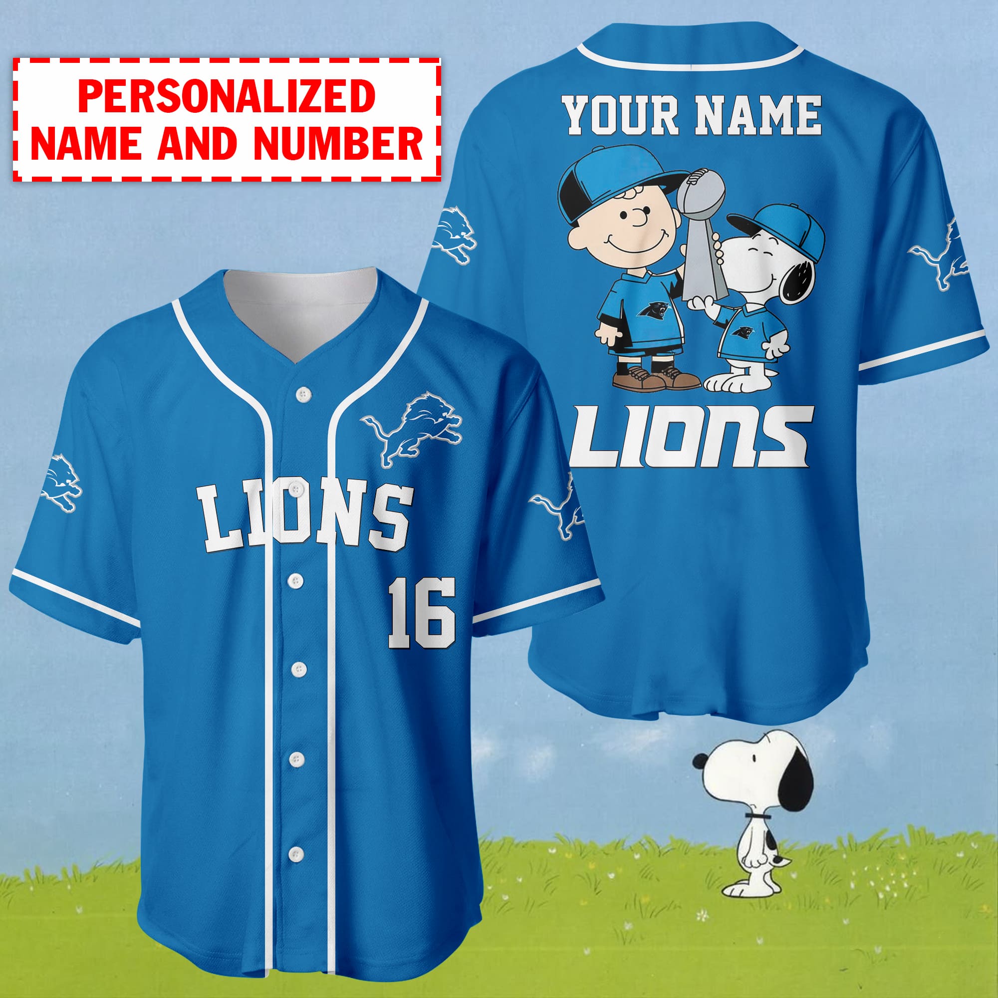 Jerseytrend Detroit Lions NFL x Charlie Brown And Snoopy  Personalized Baseball Jersey For Fans