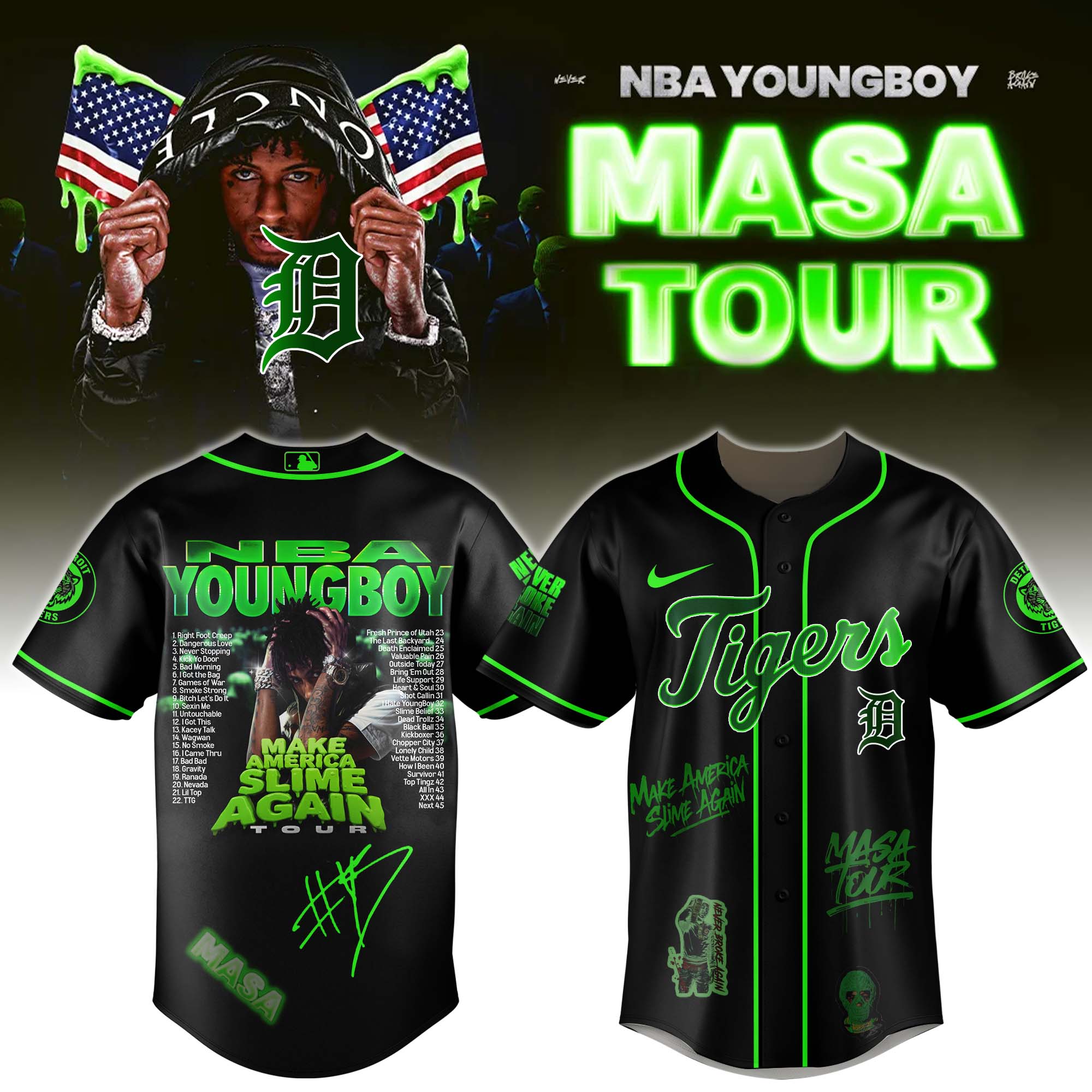 Jerseytrend Detroit Tigers MLB x YoungBoy Never Broke Again Make America Slime Again Tour Personalized Baseball Jersey For Fans