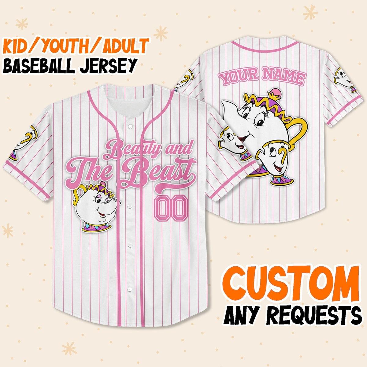 Mckenzieshoponline Disney Beauty And The Beast Mrs Potts And Chip Simple Stripe Personalized Baseball Jersey For Fans