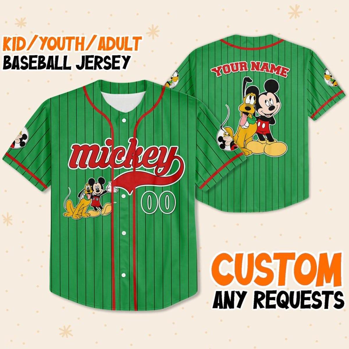 Mckenzieshoponline Disney Mickey Mouse And Pluto Green Red Personalized Baseball Jersey For Fans - Image 2