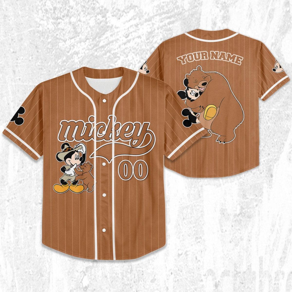 Mckenzieshoponline Disney Mickey Mouse Play With Bear Brown Dark Personalized Baseball Jersey For Fans - Image 3