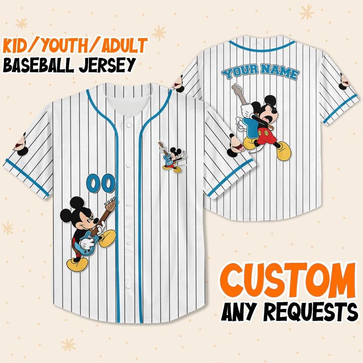 Mckenzieshoponline Disney Mickey Mouse Rock And Roll White Cyan Personalized Baseball Jersey For Fans - Image 2