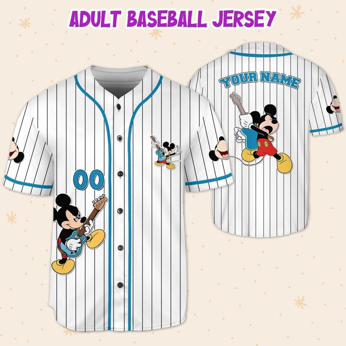 Mckenzieshoponline Disney Mickey Mouse Rock And Roll White Cyan Personalized Baseball Jersey For Fans - Image 6